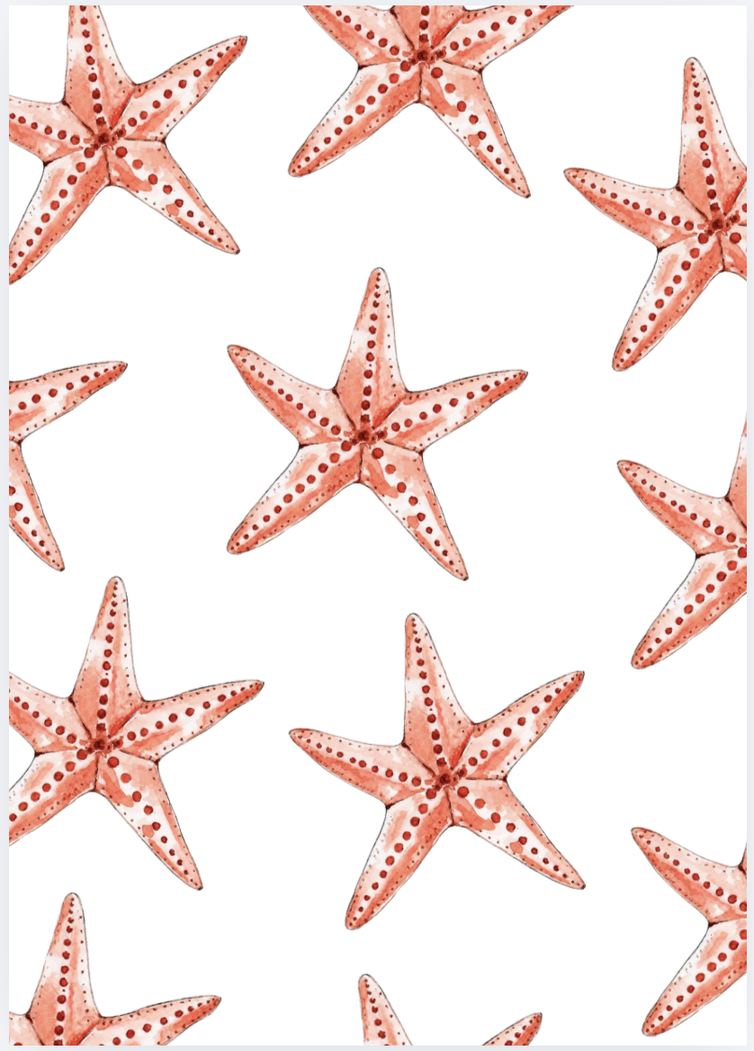 Watercolor illustrations of pink starfish with red dots arranged randomly on a white background.