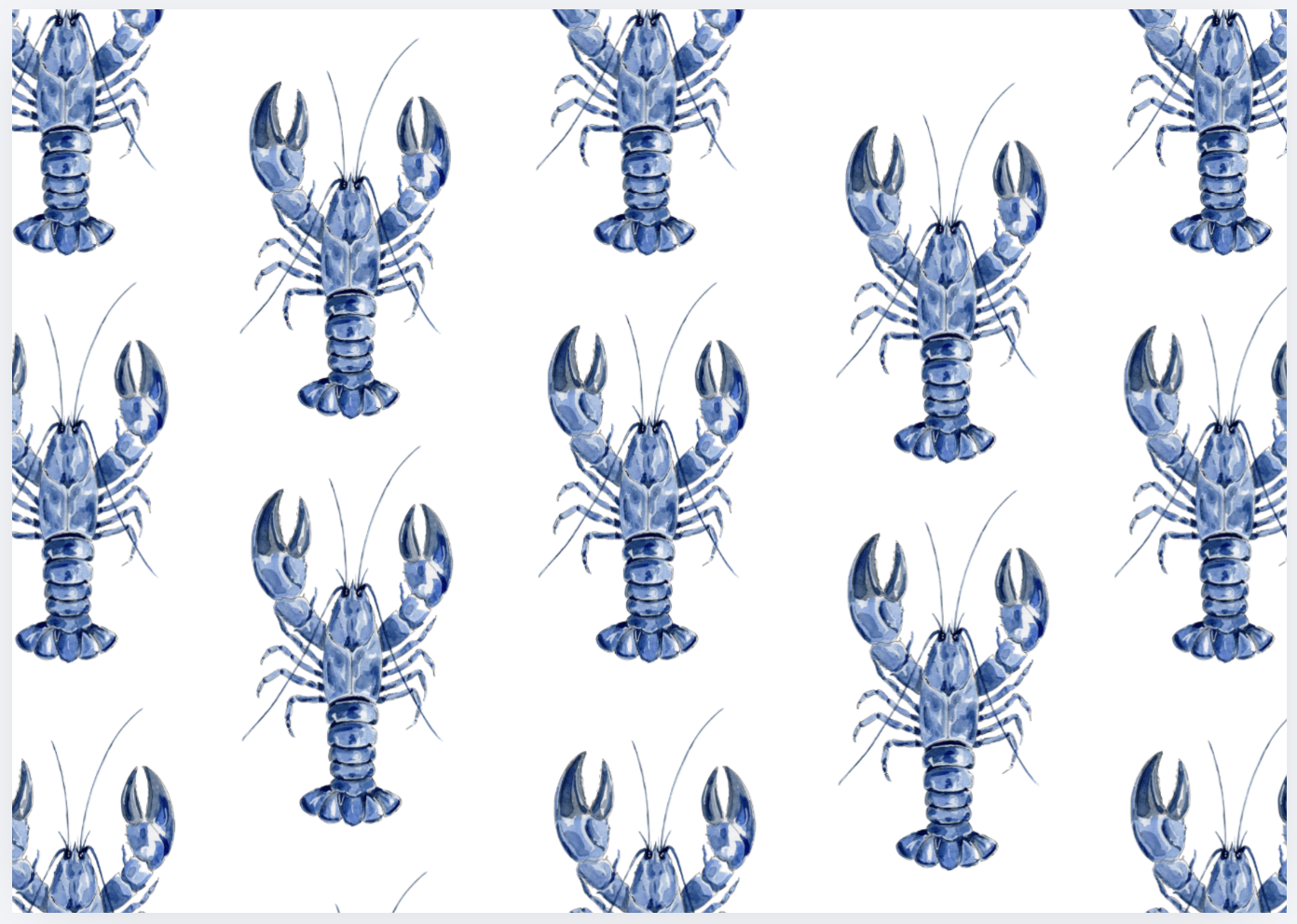 Seamless pattern of blue crayfish illustrations on a white background.