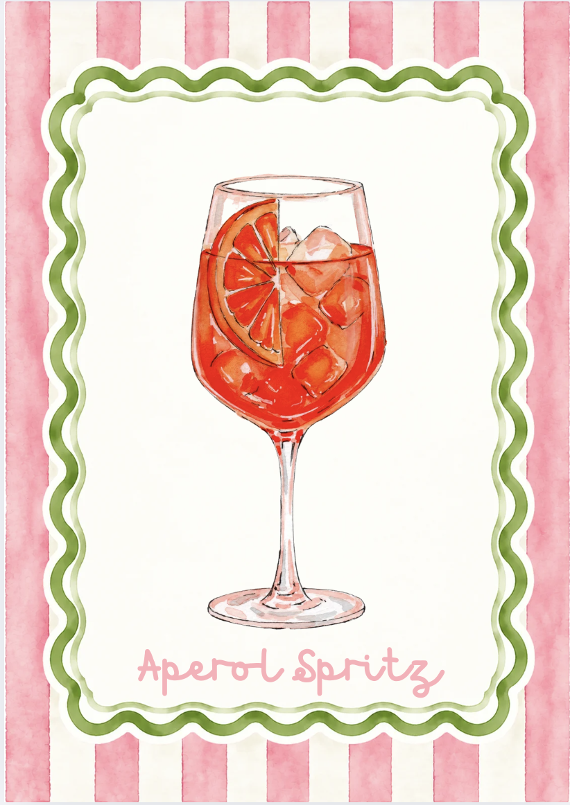 Illustration of an Aperol Spritz cocktail in a wine glass, garnished with orange slices and ice cubes, on a pink and white striped background with green decorative border.