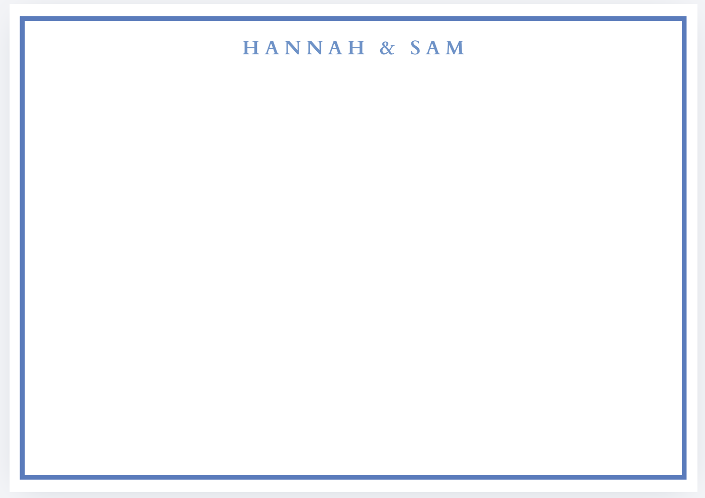A wedding invitation with a light blue border featuring the names 'Hannah & Sam' in blue uppercase letters at the top.