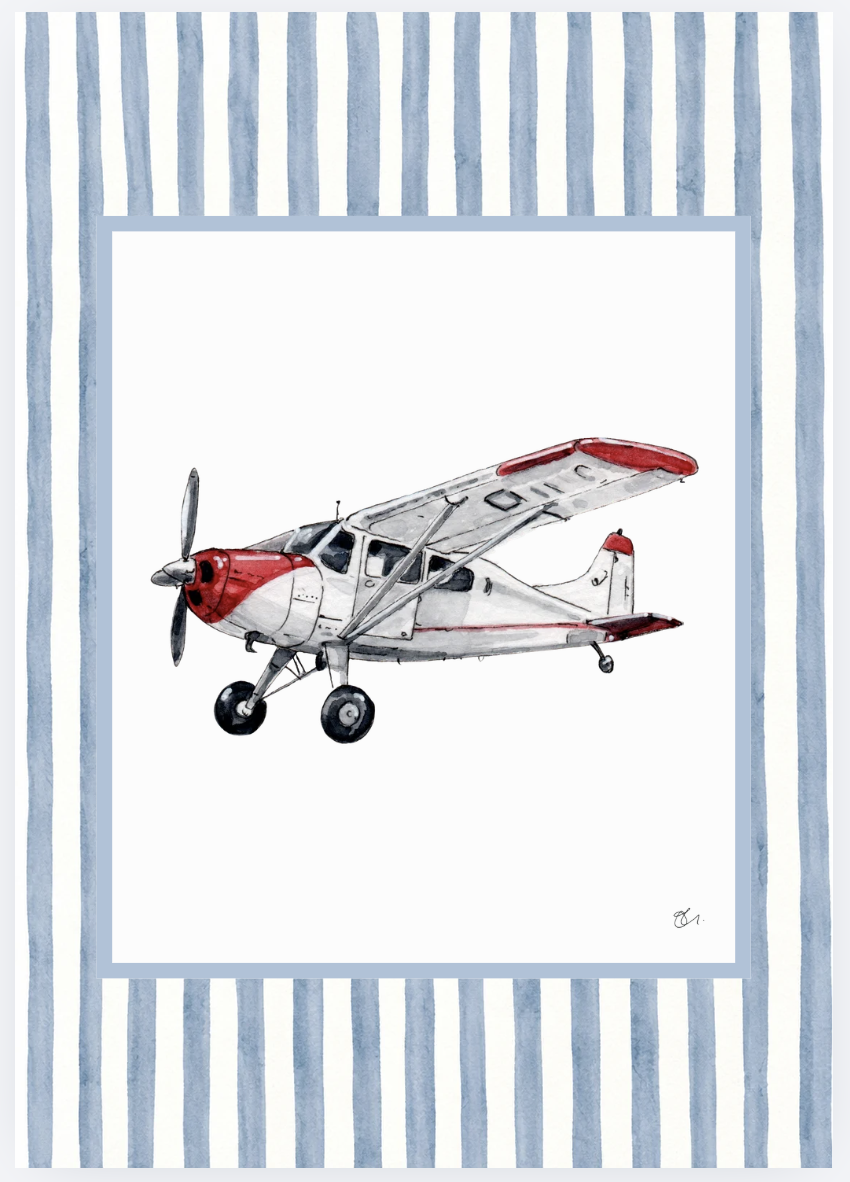 Watercolor illustration of a small gray and red airplane, flying against a white background with a blue striped border.