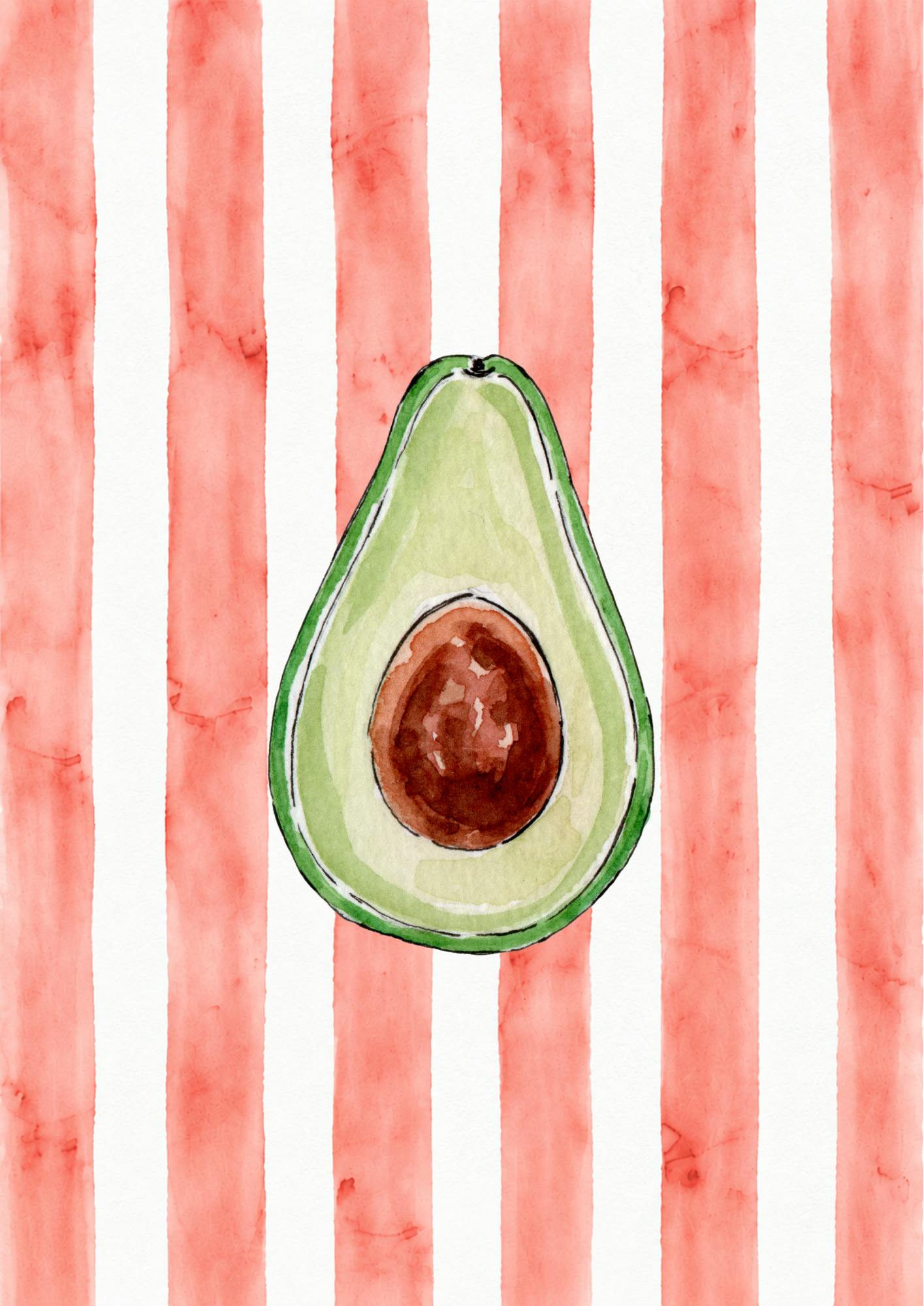 Watercolor painting of half an avocado on a white and red striped background.