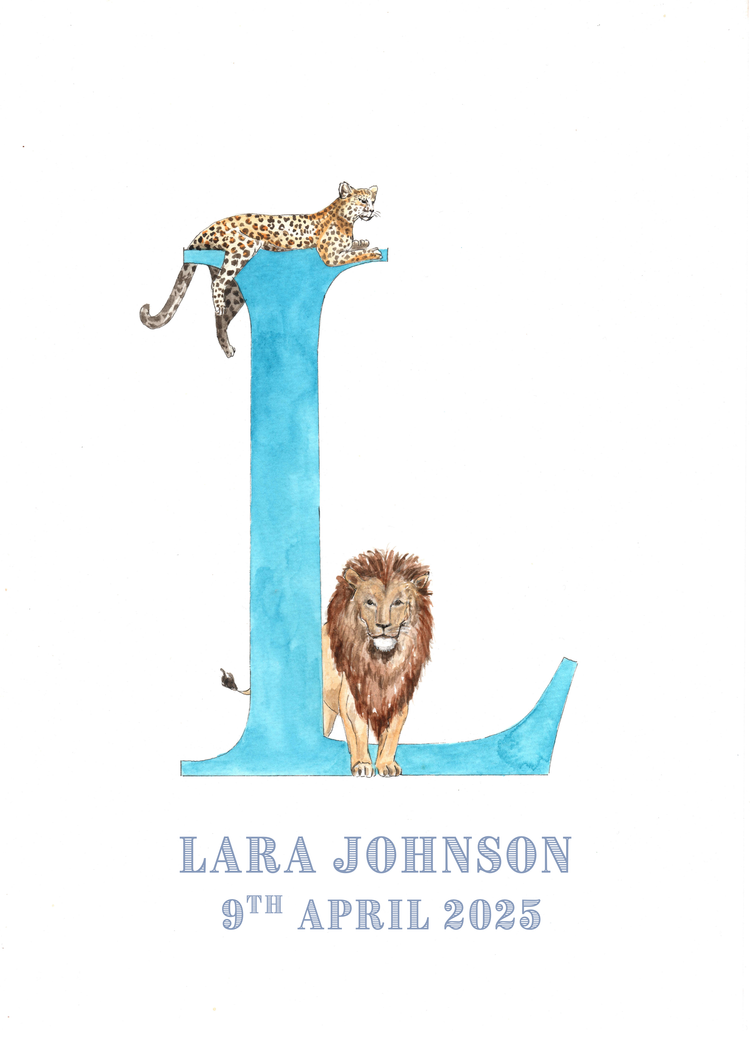 Watercolor illustration of a large blue letter 'L' with a leopard resting on top and a lion sitting at the bottom, with text beneath reading 'Lara Johnson, 9th April 2025'.