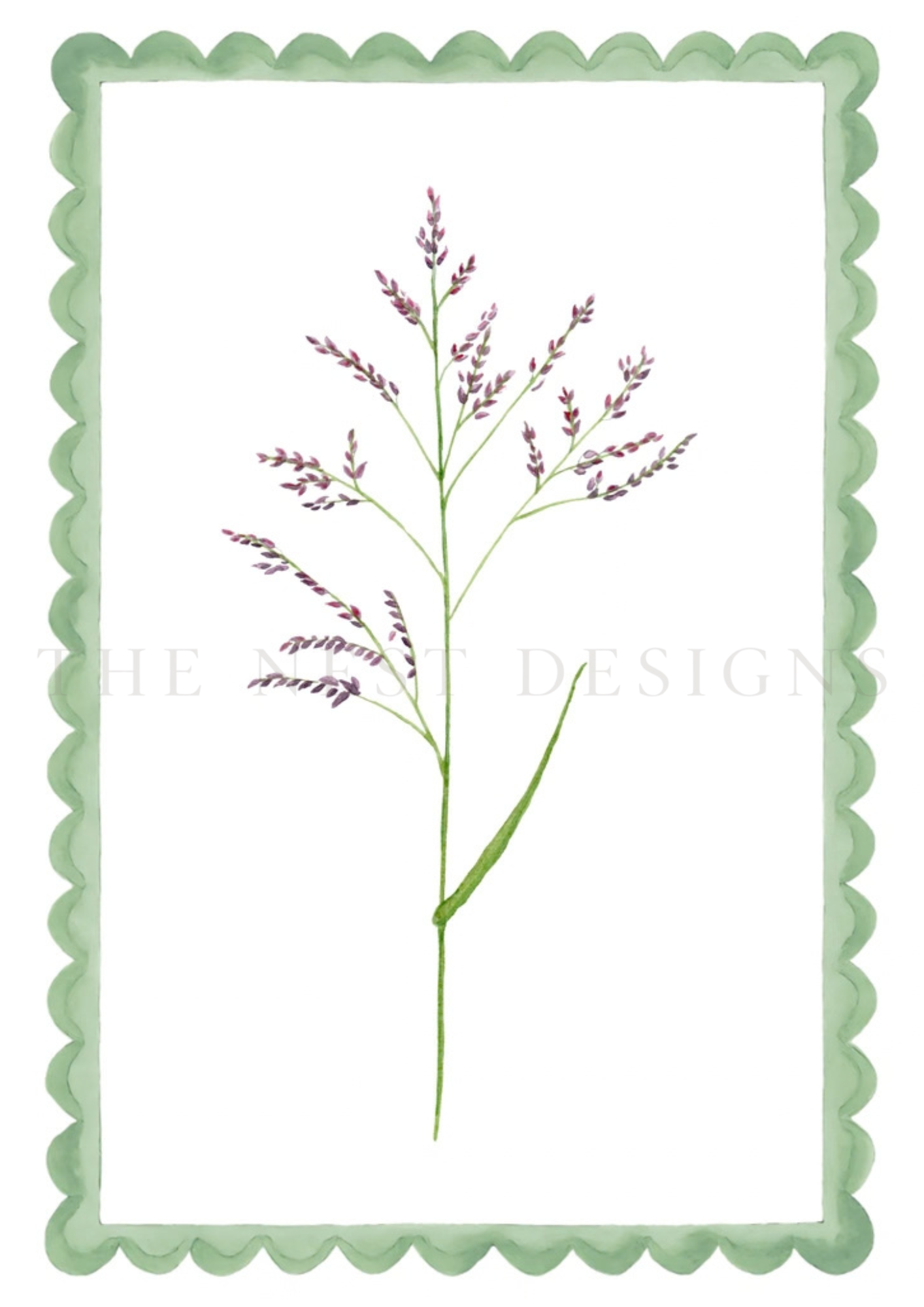 Watercolor illustration of a sprig of purple and pink flowers with green stems, framed by a scalloped green border.