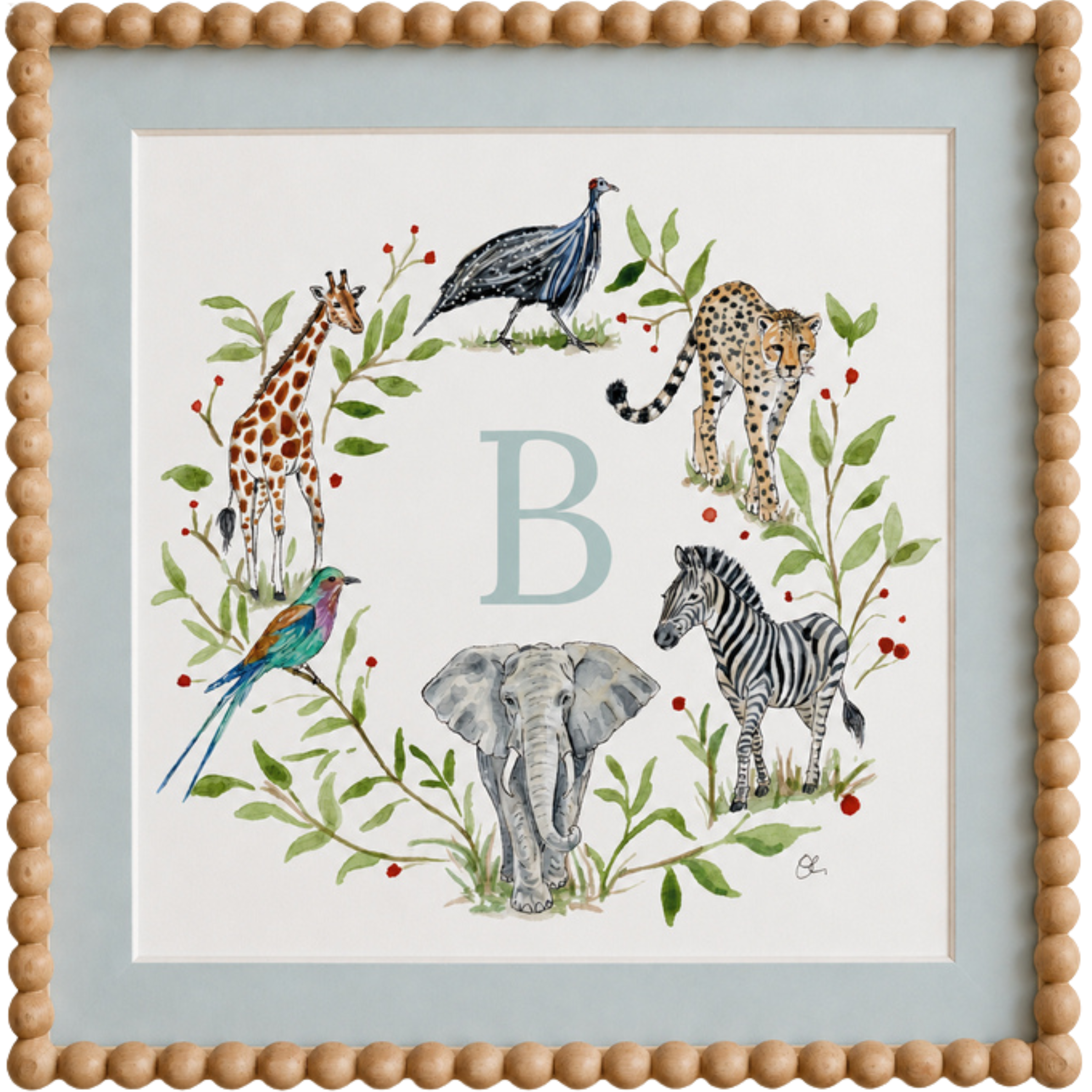 Watercolor illustration of jungle animals, including giraffe, peacock, elephant, zebra, and leopard, surrounded by green leaves and red berries, framed by a bead border.