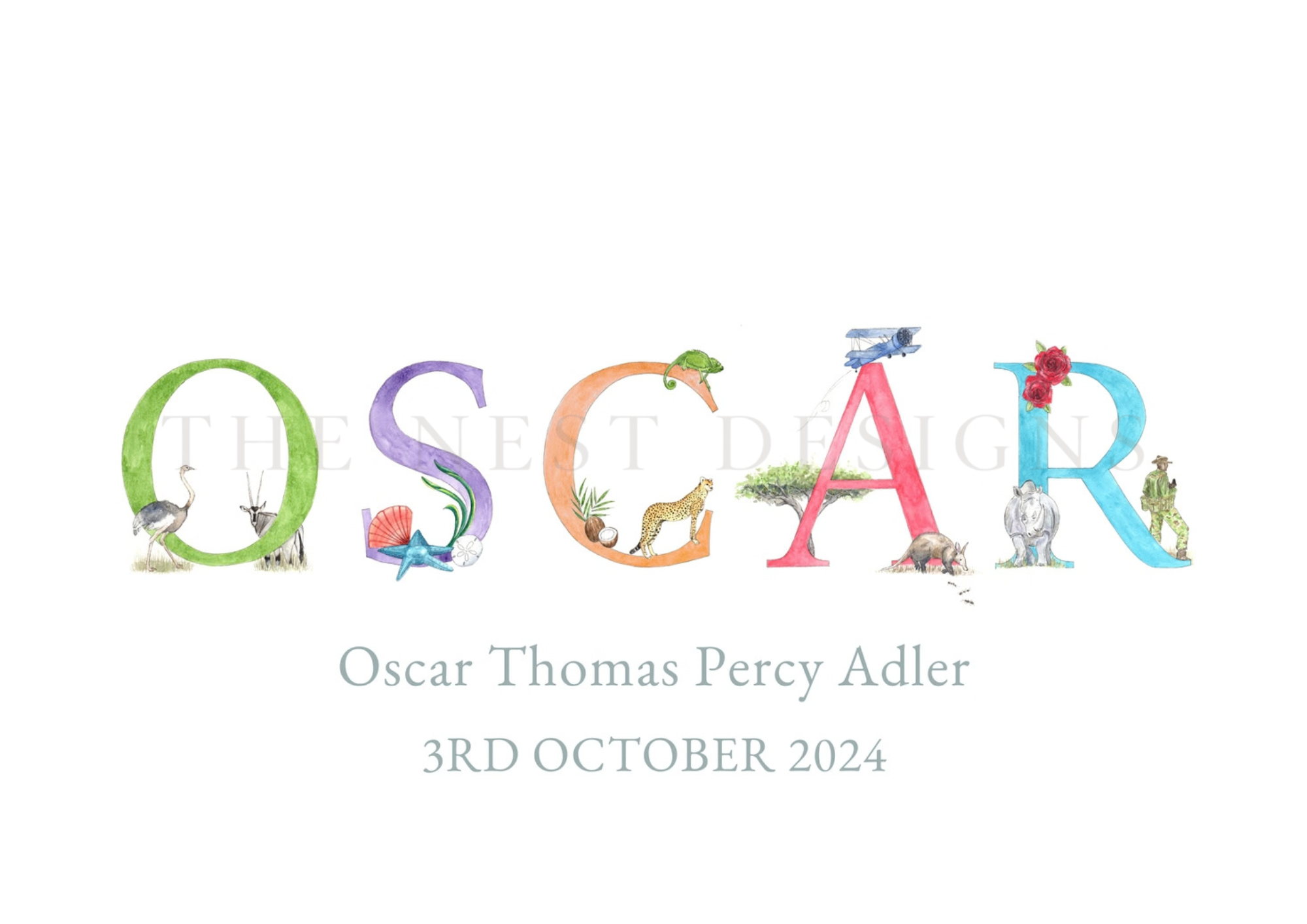 Colorful book cover titled 'Oscar' with illustrations of animals, plants, and objects forming the letters, with the author's name and publication date below.