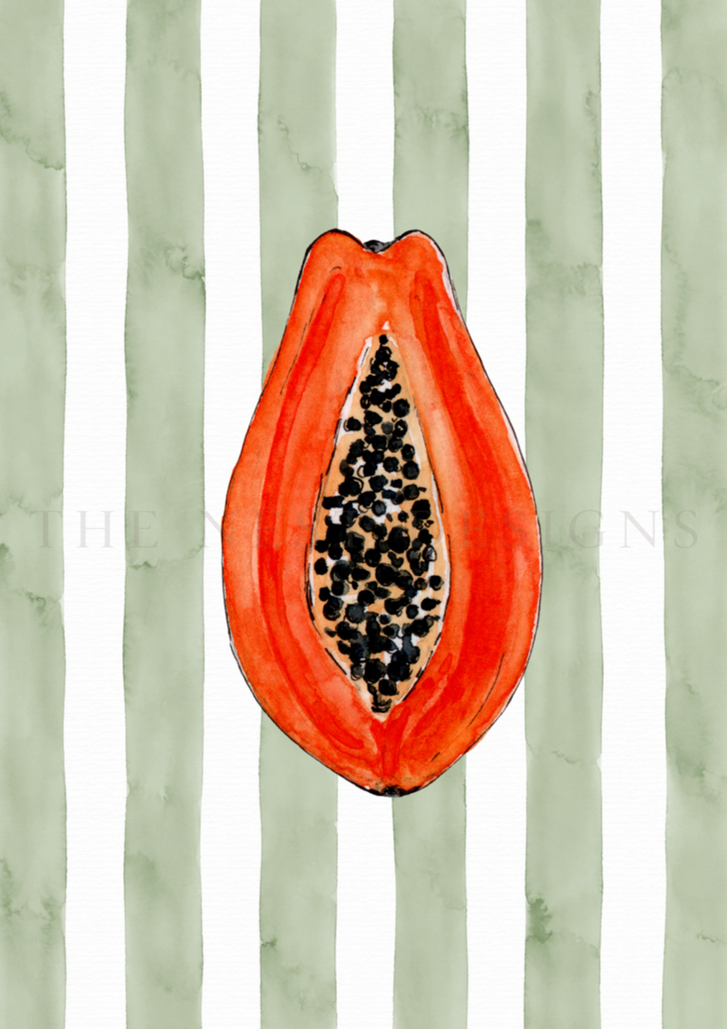 Watercolor illustration of a halved papaya fruit with orange skin, black seeds, and green-striped background.