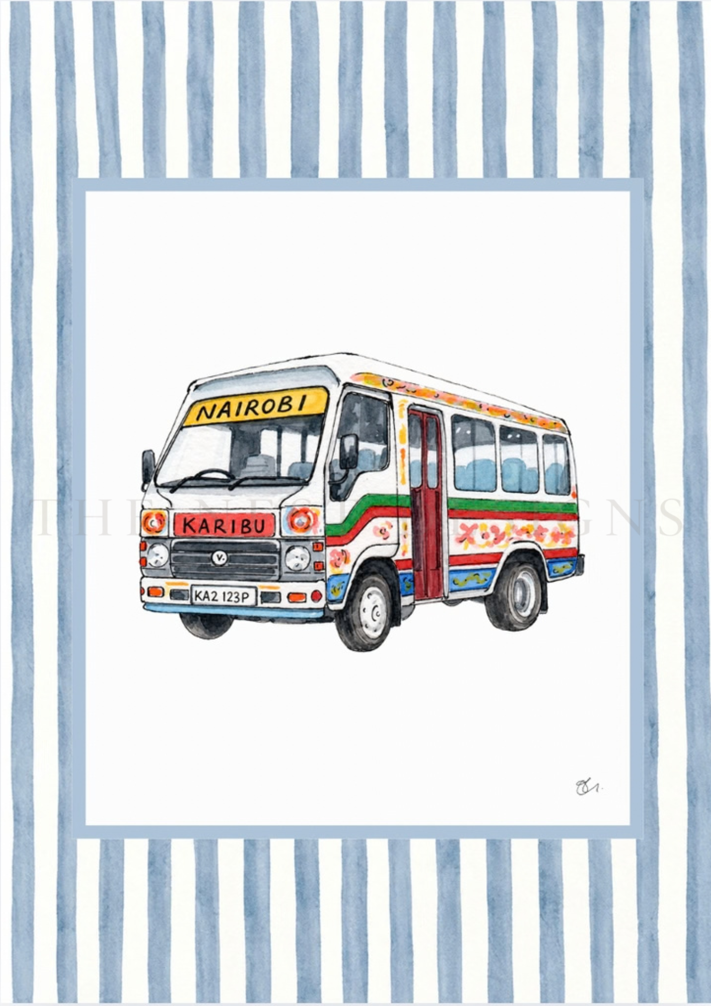 Watercolor illustration of a colorful Kenyan minibus with a sign indicating route to Nairobi. The bus has floral patterns and vibrant colors, set against a simple background with a blue striped border.