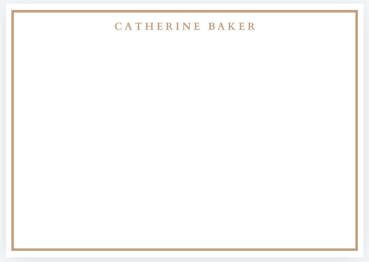 A digital design featuring the name 'CATHERINE BAKER' in uppercase letters at the top, with a beige border and a white background.