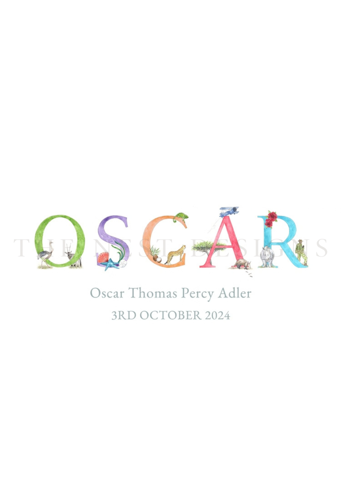 Book cover for 'Oscars' by Oscar Thomas Percy Adler, featuring colorful letters with animals and nature illustrations, and event date '3rd October 2024'.