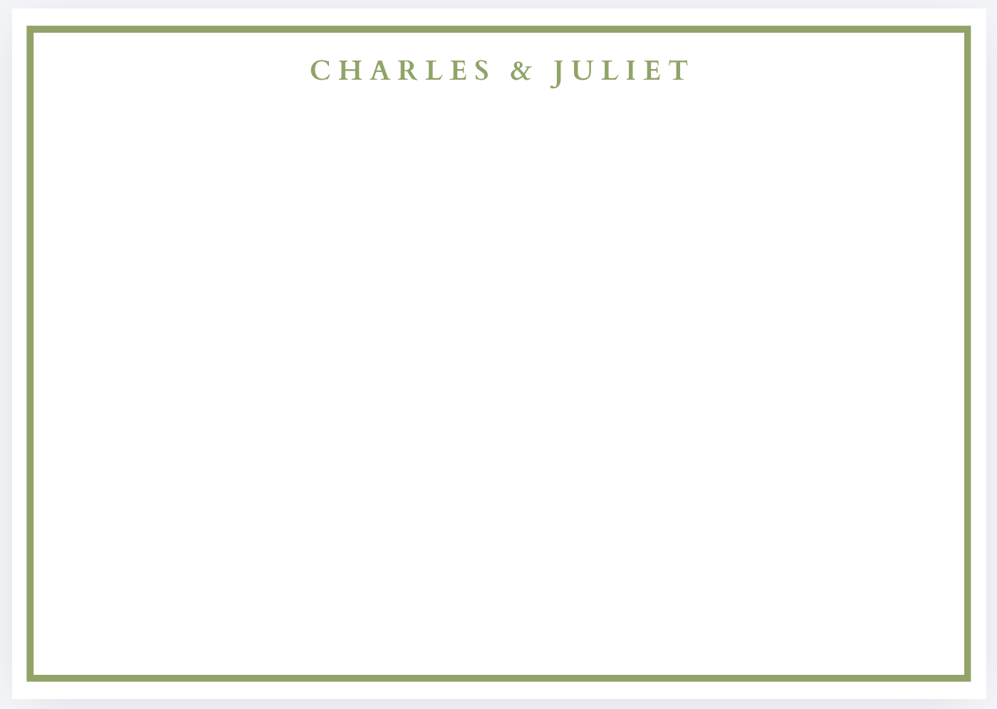 Wedding invitation for Charles and Juliet with a white background, green border, and green text.