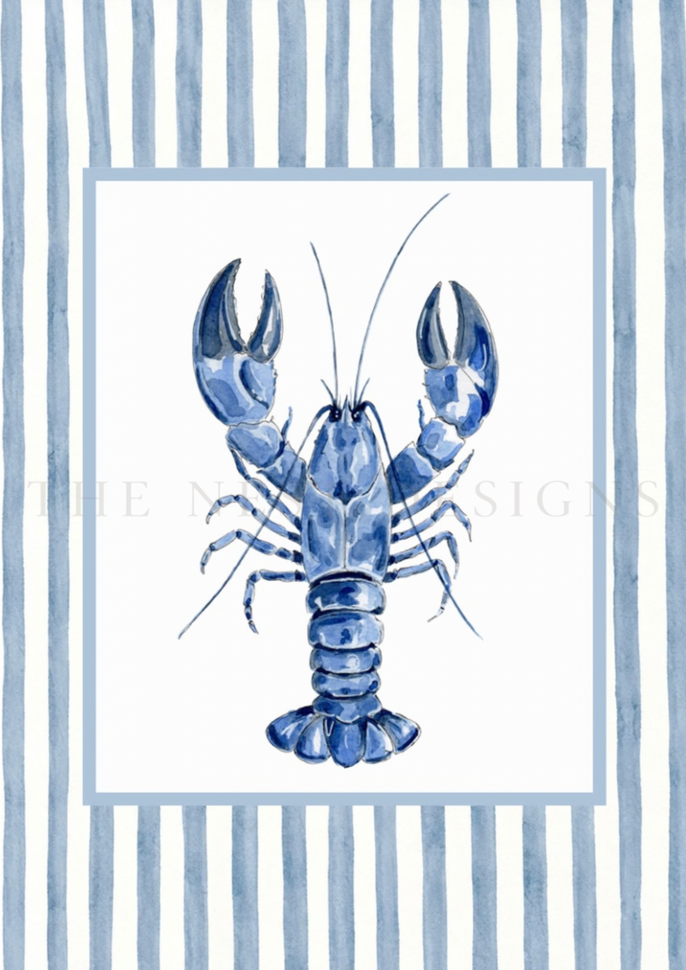 A watercolor illustration of a blue lobster on a white background with blue and white striped borders.