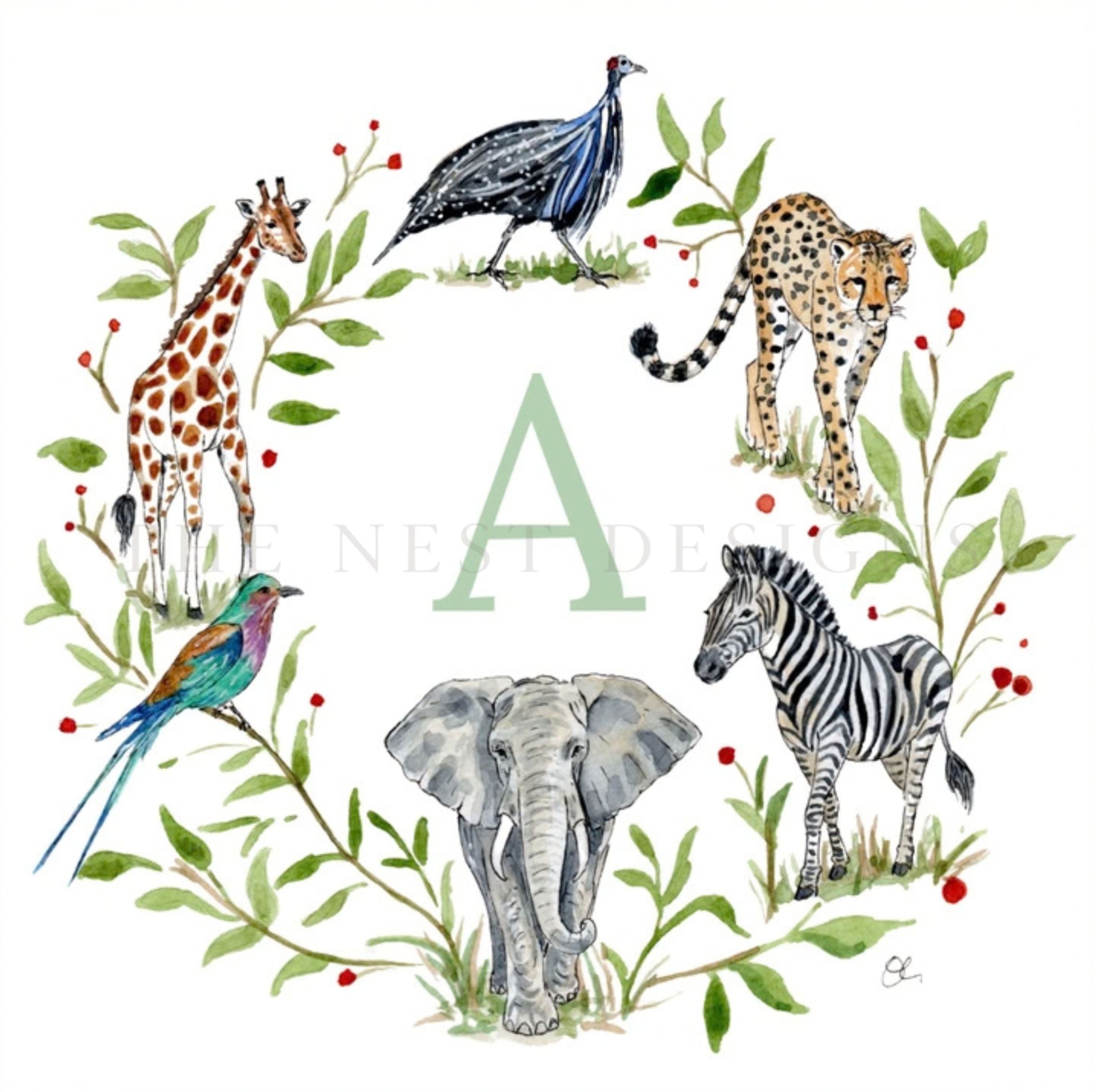 Watercolor illustration of various animals including a giraffe, parrot, zebra, cheetah, and a bird, surrounded by green leaves and small red berries.