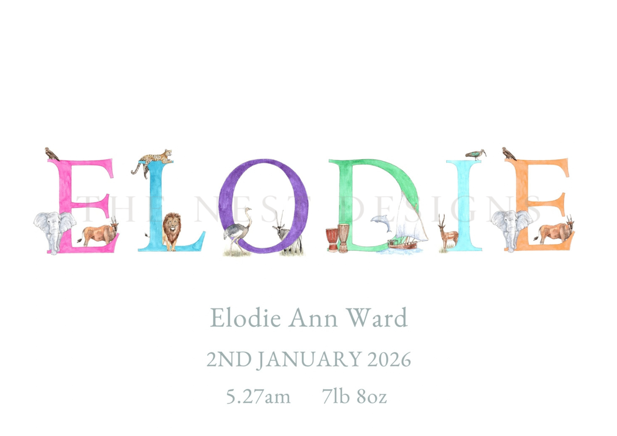 Birth announcement for Elodie Ann Ward featuring colorful animal illustrations and the name 'Elodie' in large letters.