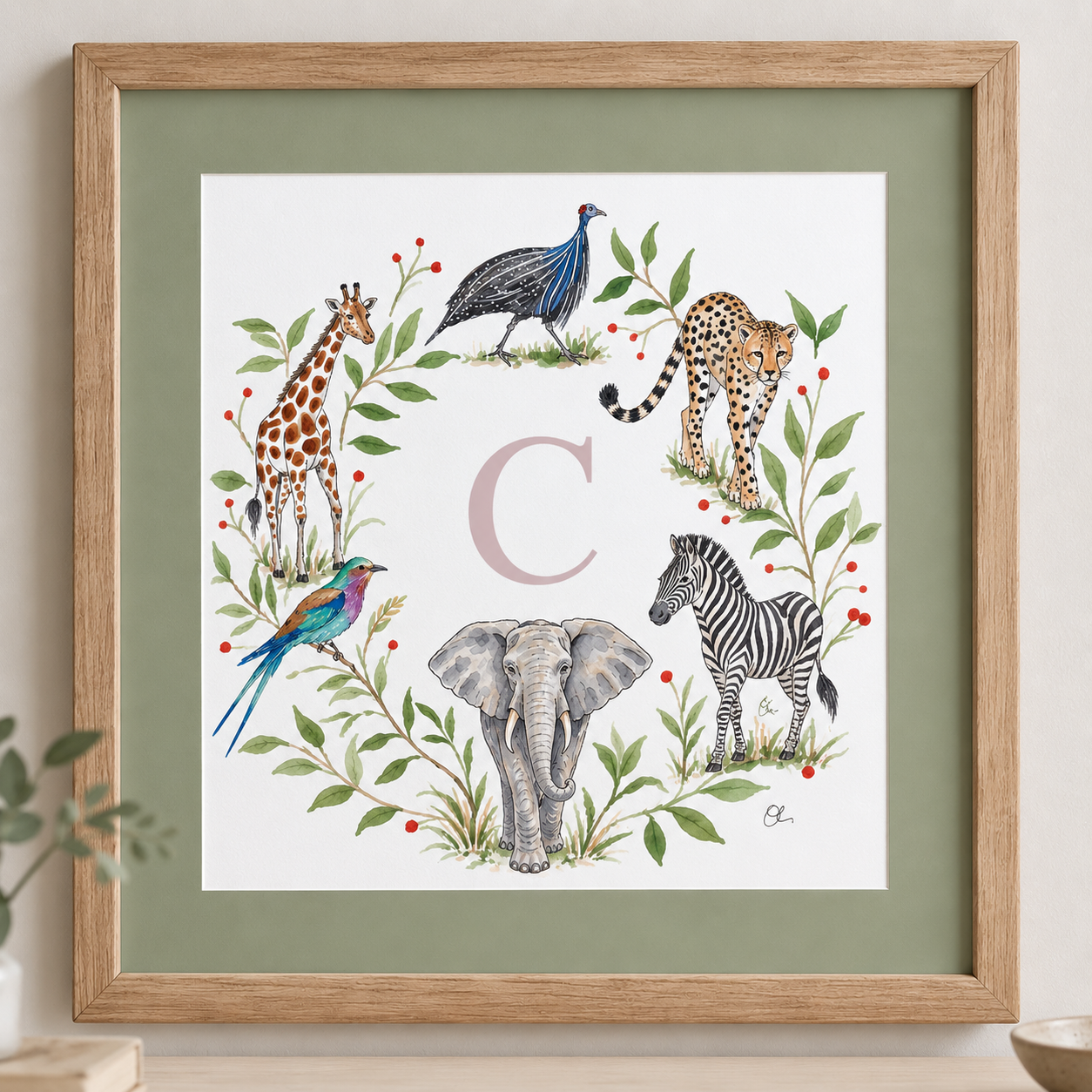 Illustration of various African animals including a giraffe, ostrich, cheetah, zebra, elephant, and colorful bird, arranged around the letter C with greenery and red berries.