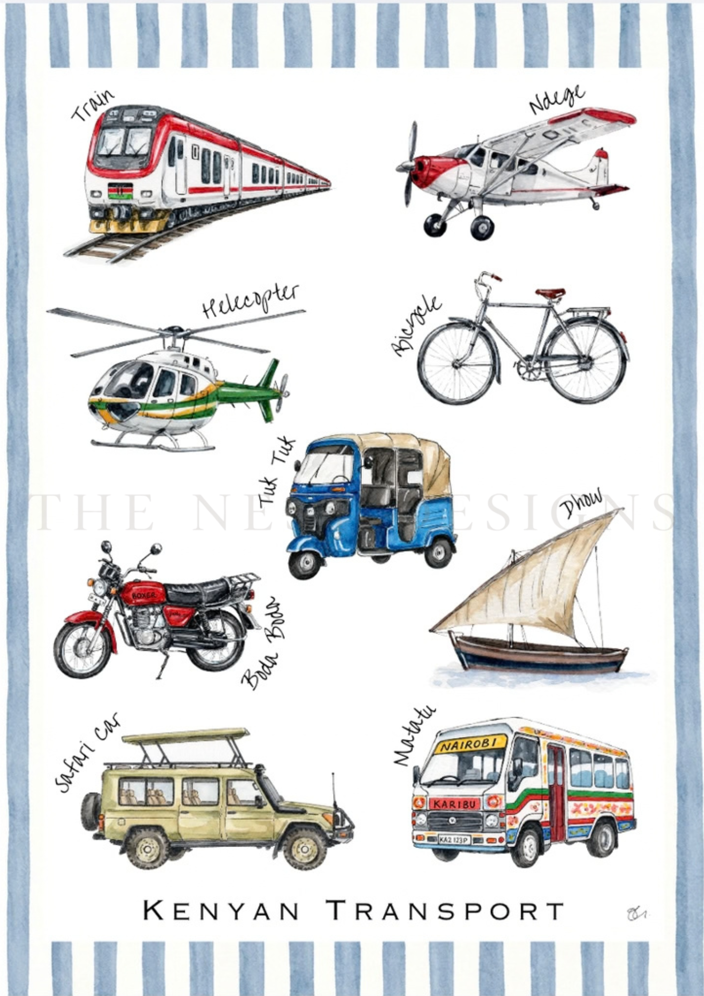 Illustration of various modes of Kenyan transport including a train, an airplane, a helicopter, a bicycle, a tuk-tuk, a safari car, a bus, and a dhow boat, with labels for each mode.