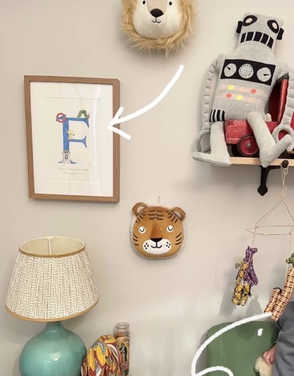 Decorative wall with framed artwork of the letter 'F' with small animal illustrations, plush mischievous face mask, and stuffed robot toy on shelf, with a table lamp and colorful objects in foreground.
