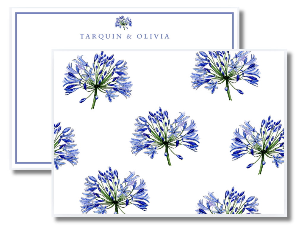 A pattern of blue and green Agapanthus flowers on a white background, with a delivery or greeting card above featuring the same flowers and the text 'Tarquin & Olivia'.