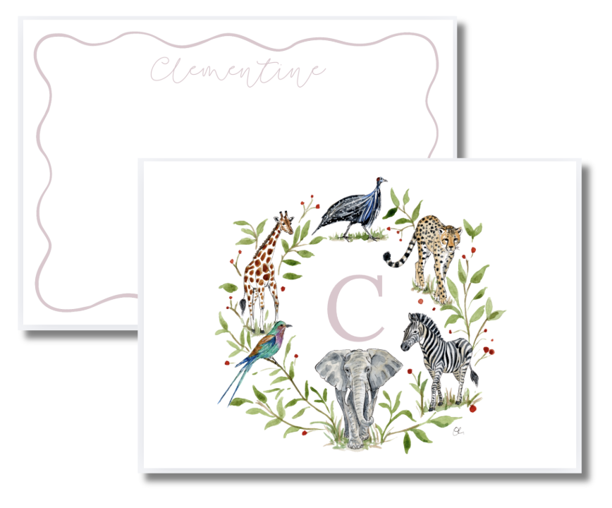 Watercolor illustration of six animals surrounding a pink letter C and green leaves with red berries, including a giraffe, peacock, cheetah, zebra, elephant, and kingfisher, on a white background.