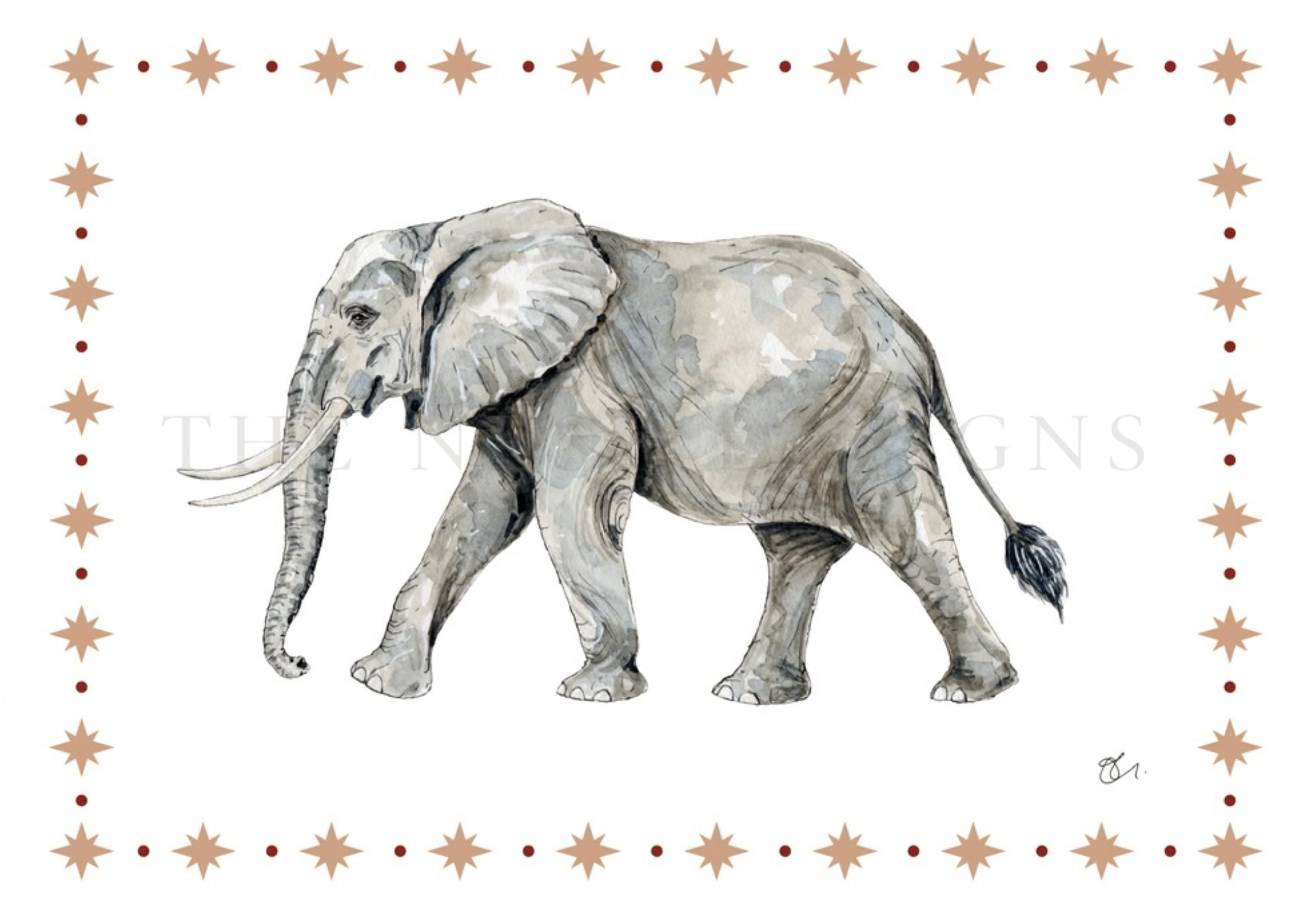 Watercolor illustration of a gray African elephant walking, with decorative stars and dots around the border.