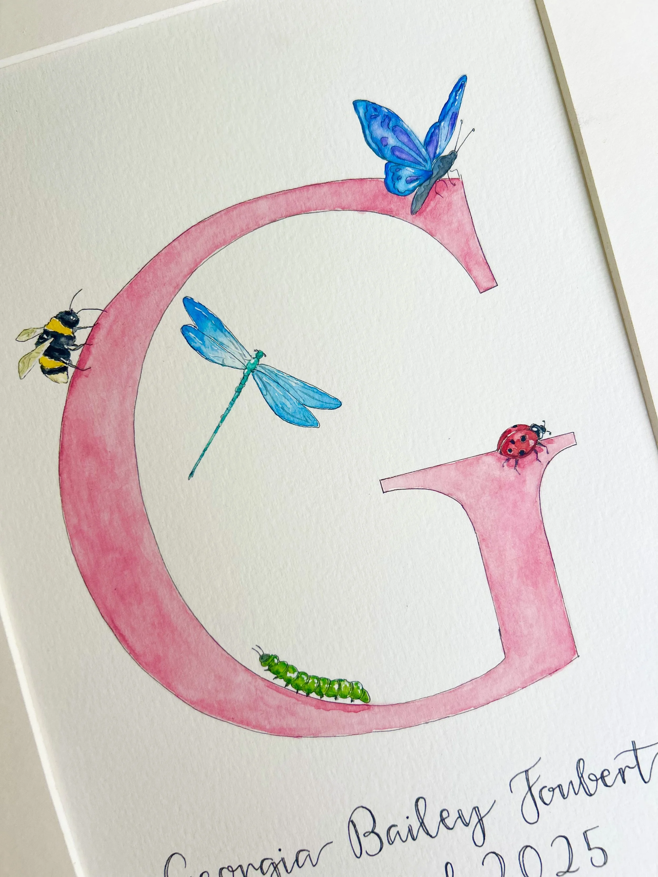 Colored illustration showing a pink, curved tube with various insects and a green caterpillar on it. The insects include a blue butterfly, a dragonfly, a ladybug, a bee, and a green caterpillar.