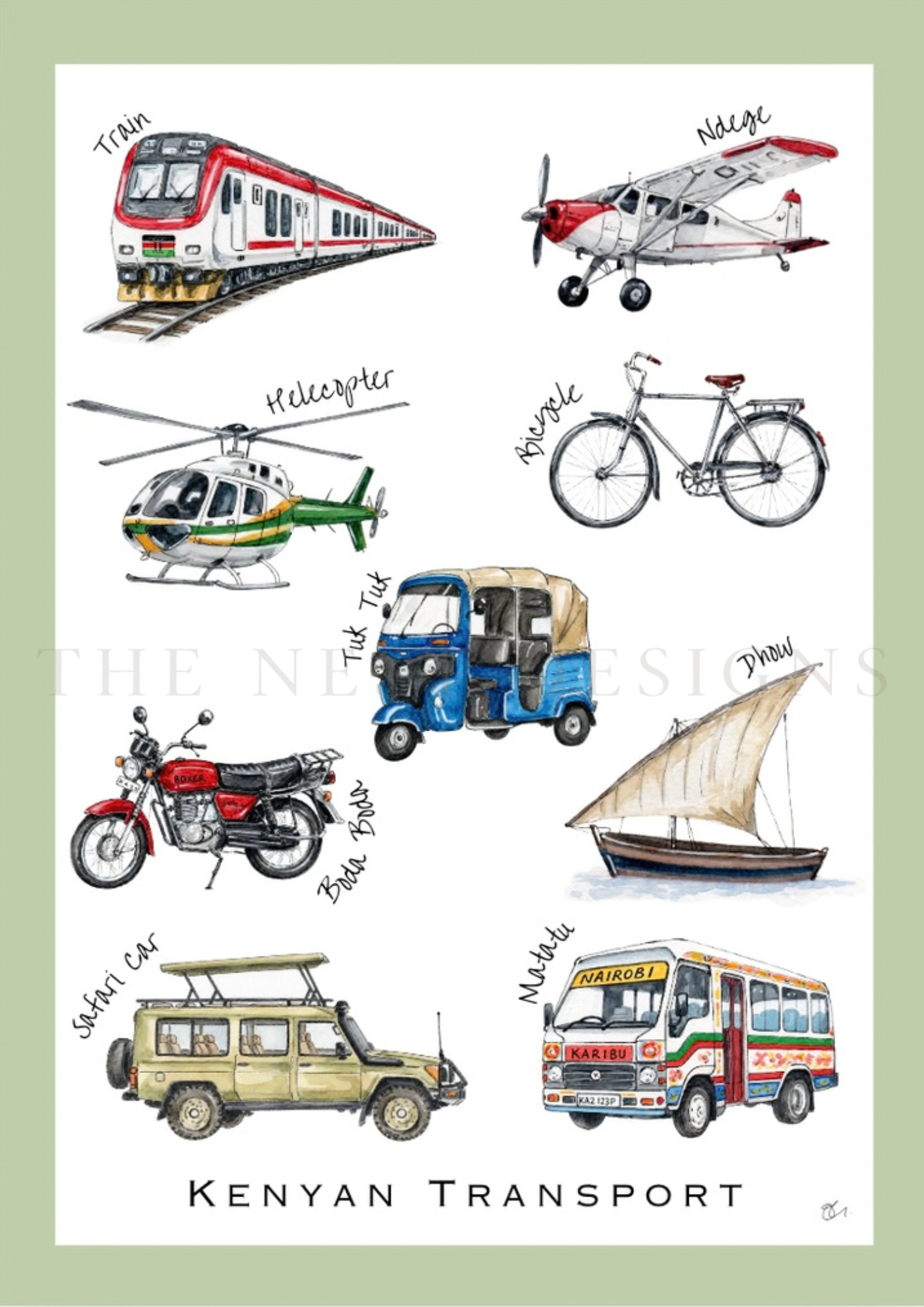 Illustrations of various modes of transportation, including a train, an aircraft, a bicycle, a tuk tuk, a motorcycle, a safari car, and a matatu, with handwritten labels and the text "Kenyan Transport" at the bottom.