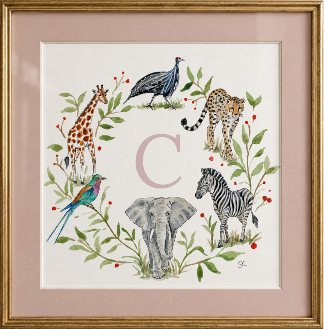 Watercolor painting of various animals including a giraffe, peacock, cheetah, zebra, elephant, and bird, arranged in a circle with green foliage and red berries, with a pink letter 'C' in the center, all framed in a gold frame.