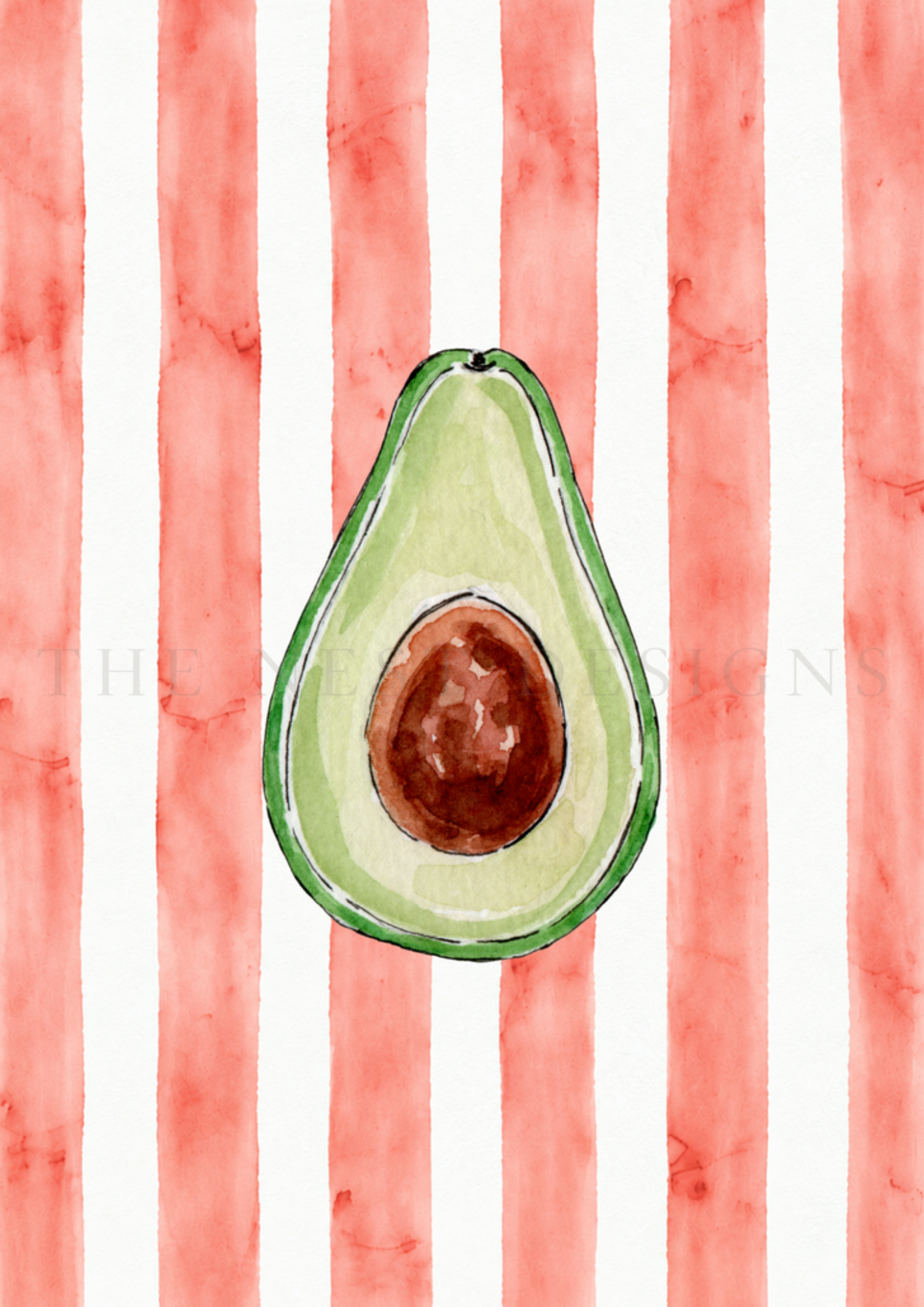 Watercolor painting of a halved avocado with a dark seed, set against a background of vertical red and white stripes.