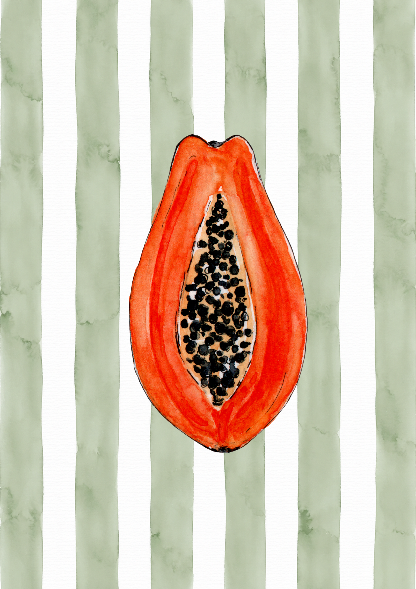 Watercolor painting of a halved papaya with black seeds on green and white striped background.