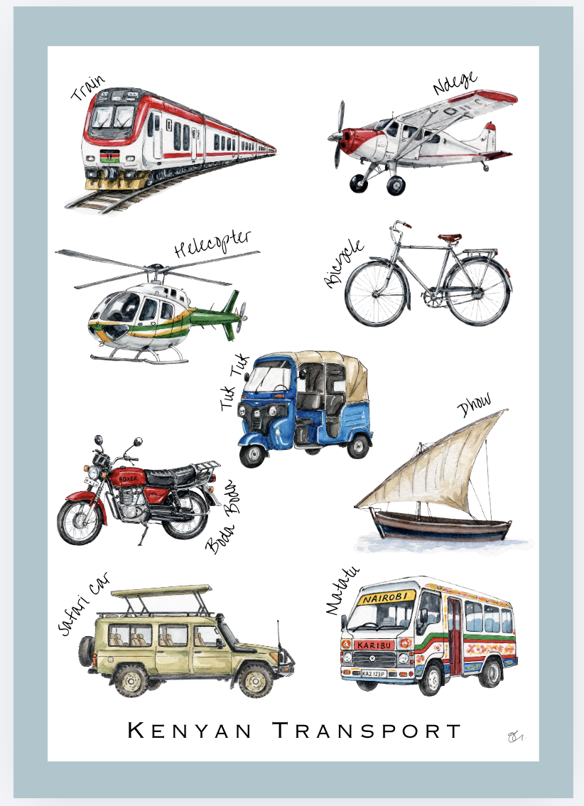Illustration of various Kenyan transport modes including a train, hovercraft, helicopter, bicycle, tuk-tuk, dhow boat, safari car, matatu bus, and motorcycle, with labels in handwritten style.