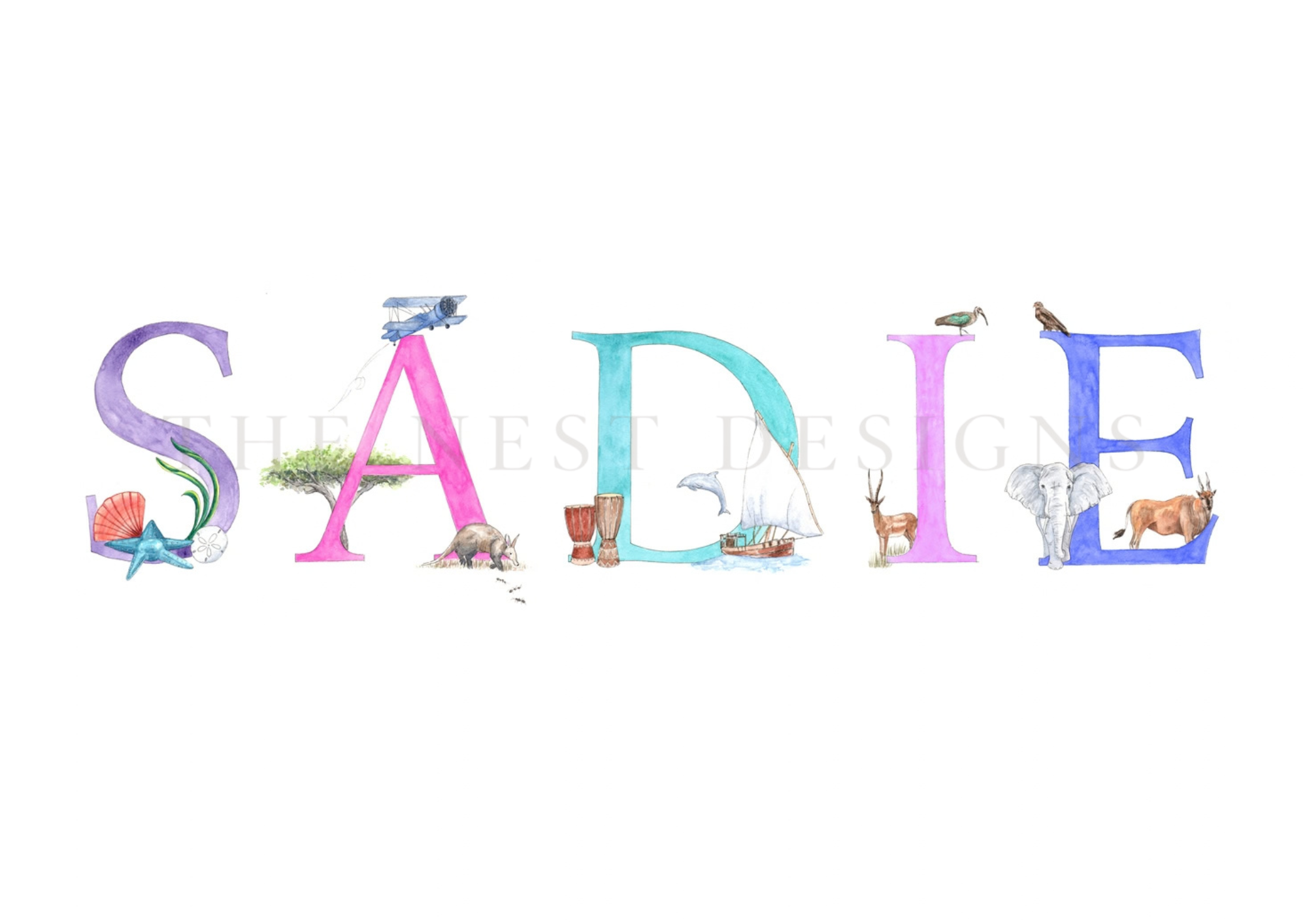 Colorful letter art spelling "SAFARI" decorated with animals, plants, a boat, and a plane.