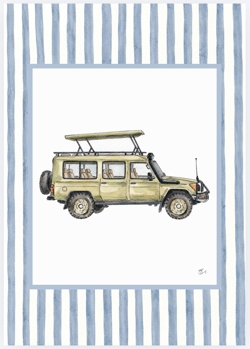 Watercolor illustration of an off-road vehicle with a roof rack, shown against a background of blue and white vertical stripes.