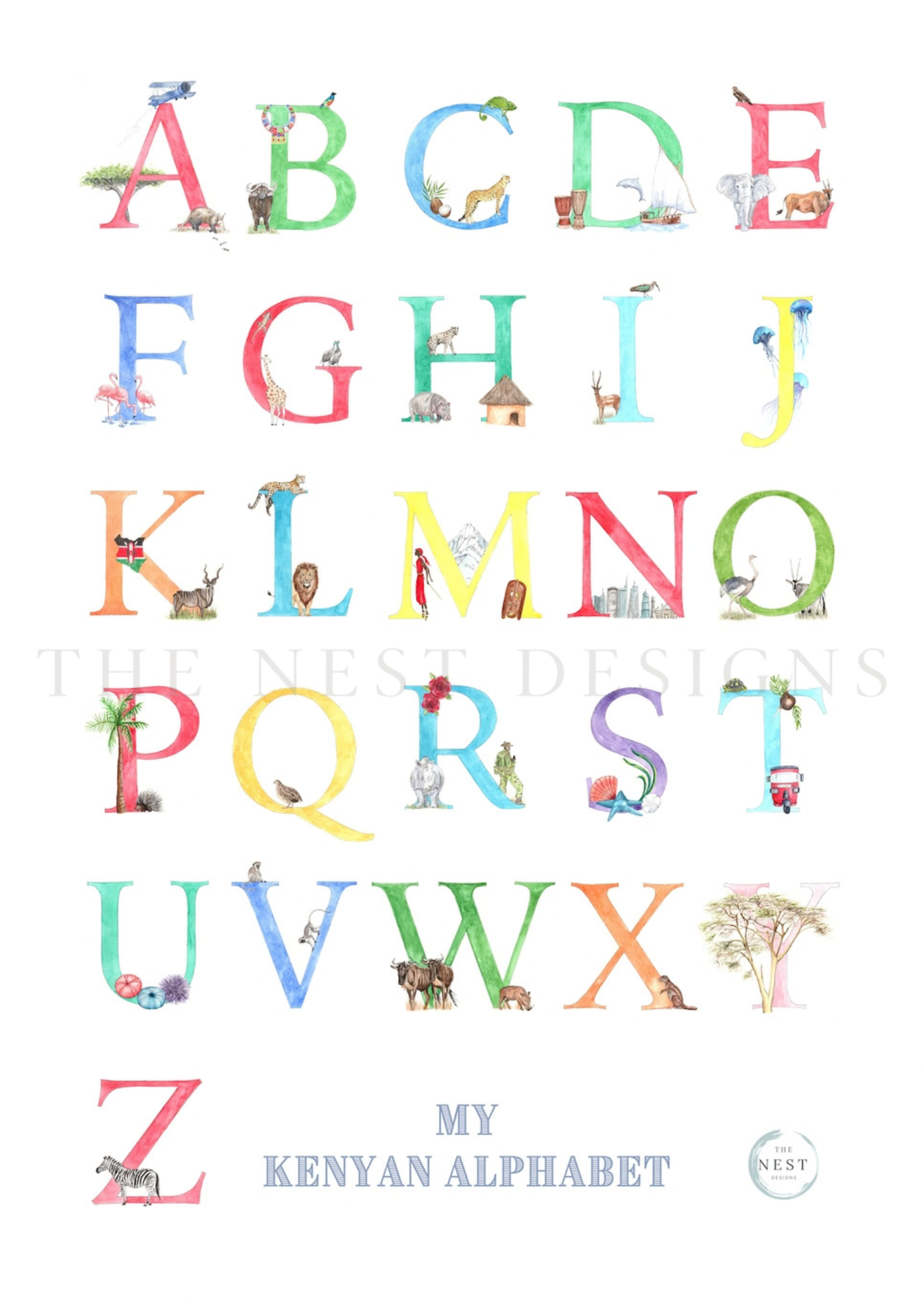 Colorful illustrated alphabet with animal and landscape illustrations for each letter, titled 'My Kenyan Alphabet'.