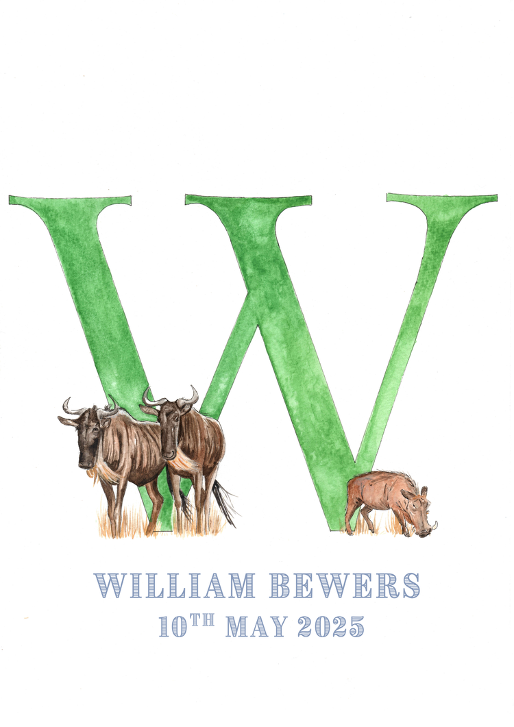 Watercolor illustration of a large green letter 'W' with three wildebeests and a hippopotamus around it, and text below with a name and date.