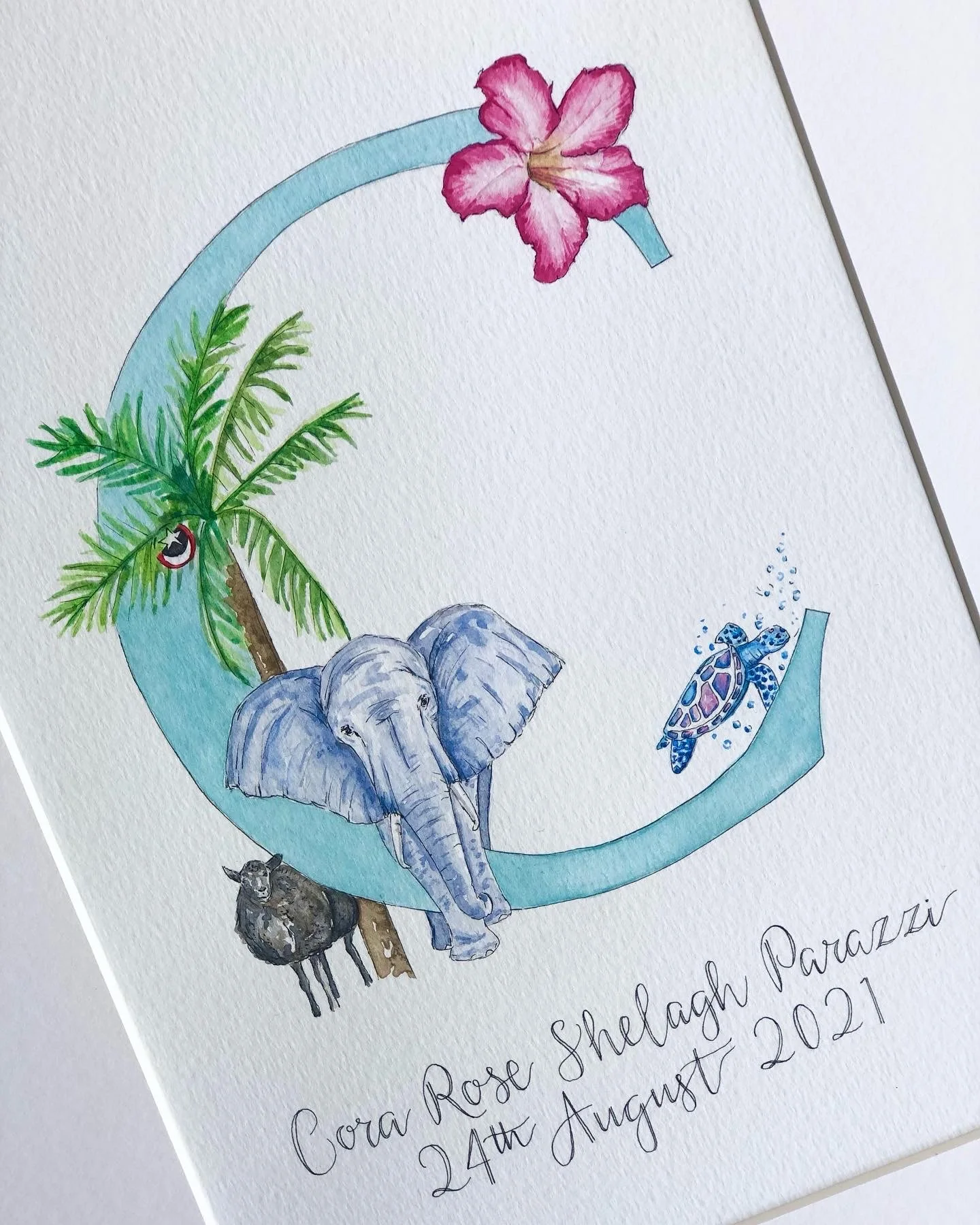 Watercolor illustration of tropical animals and plants, including a pink flower, a palm tree, an elephant, a turtle, and a zebra, arranged in a circular composition.