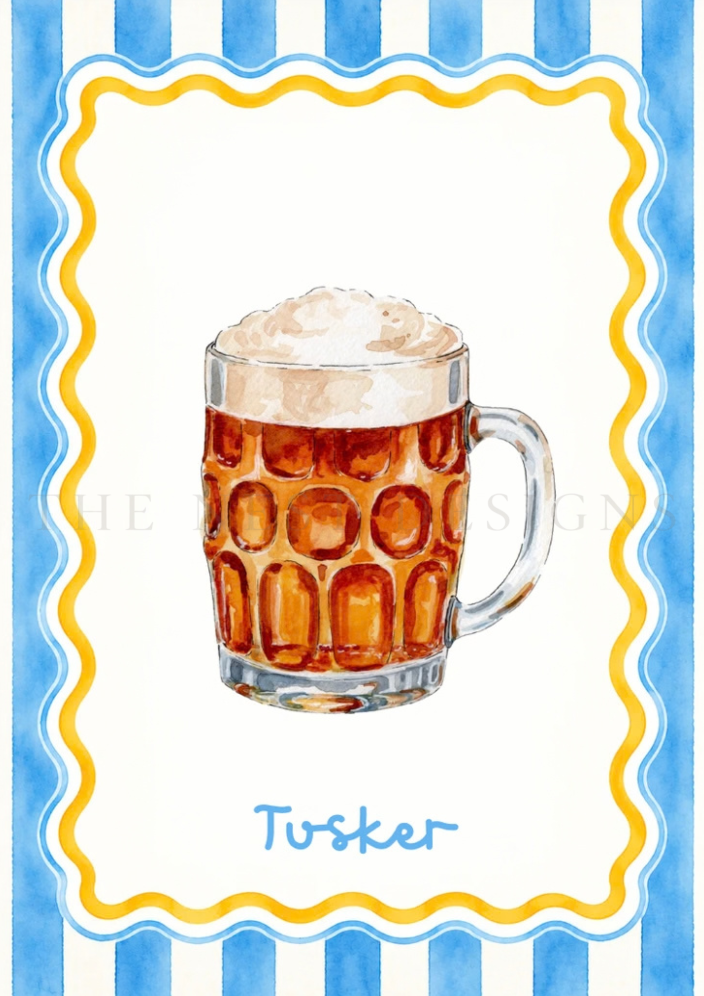 Watercolor illustration of a beer mug filled with beer and topped with foam, framed by a yellow and white decorative border on a blue striped background, with the word "Tusher" written at the bottom.