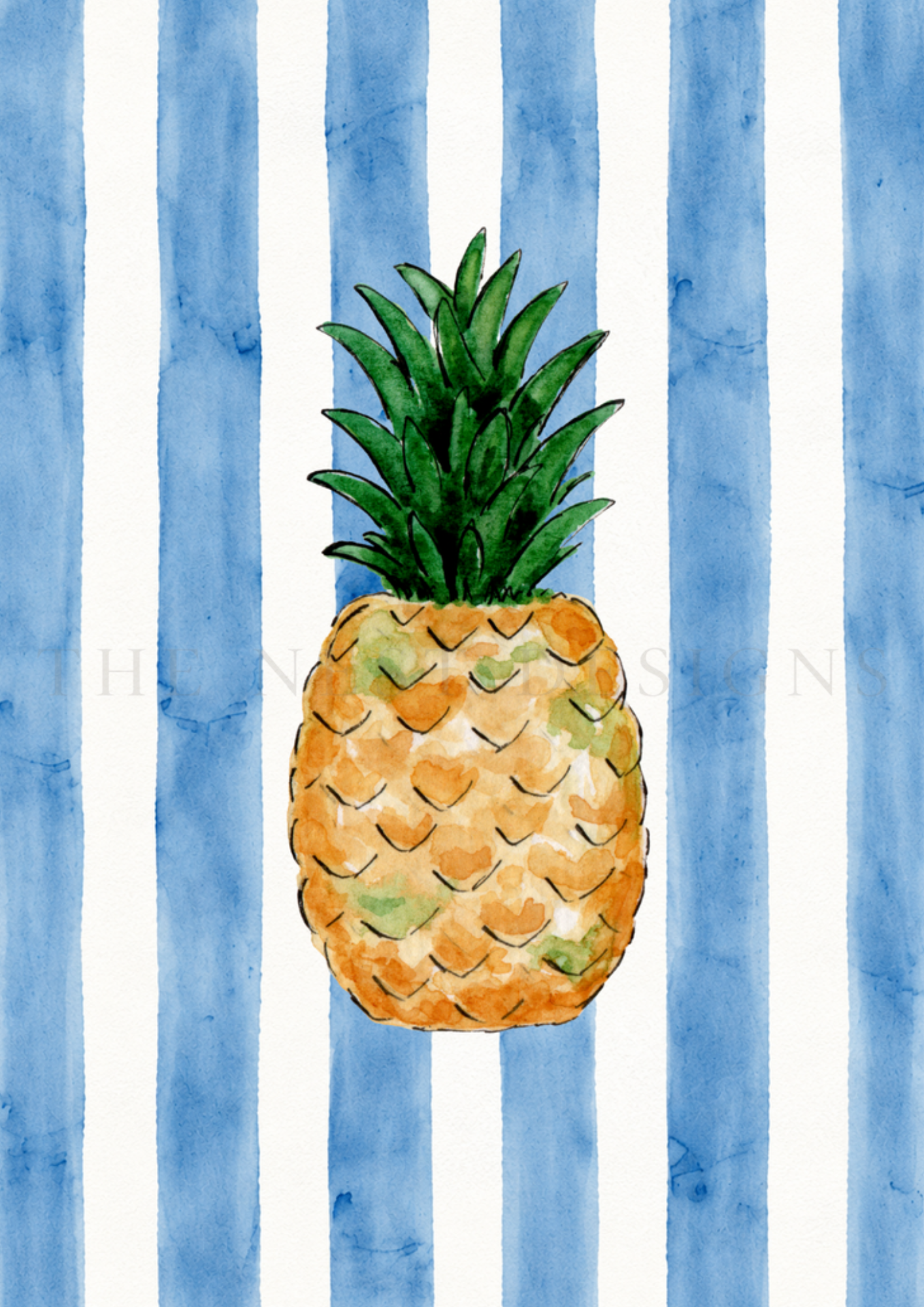Watercolor illustration of a pineapple with a blue and white striped background.