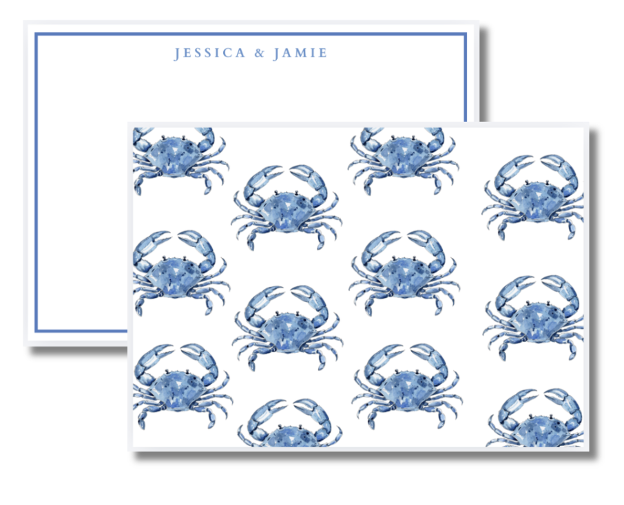 Invitation card with a pattern of blue watercolor crabs and the names Jessica and Jamie.