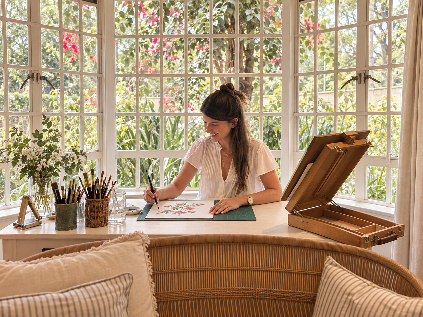 A woman sitting at a desk near a large window, drawing with a paintbrush on paper. The desk has art supplies, including brushes and a wooden case, and a vase of flowers. She's smiling and wearing a white blouse.