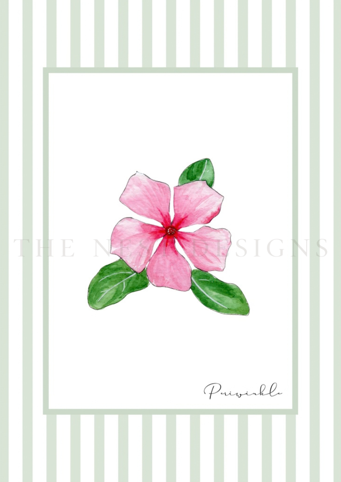 A framed painting of a pink hibiscus flower with green leaves on a striped green and white background.