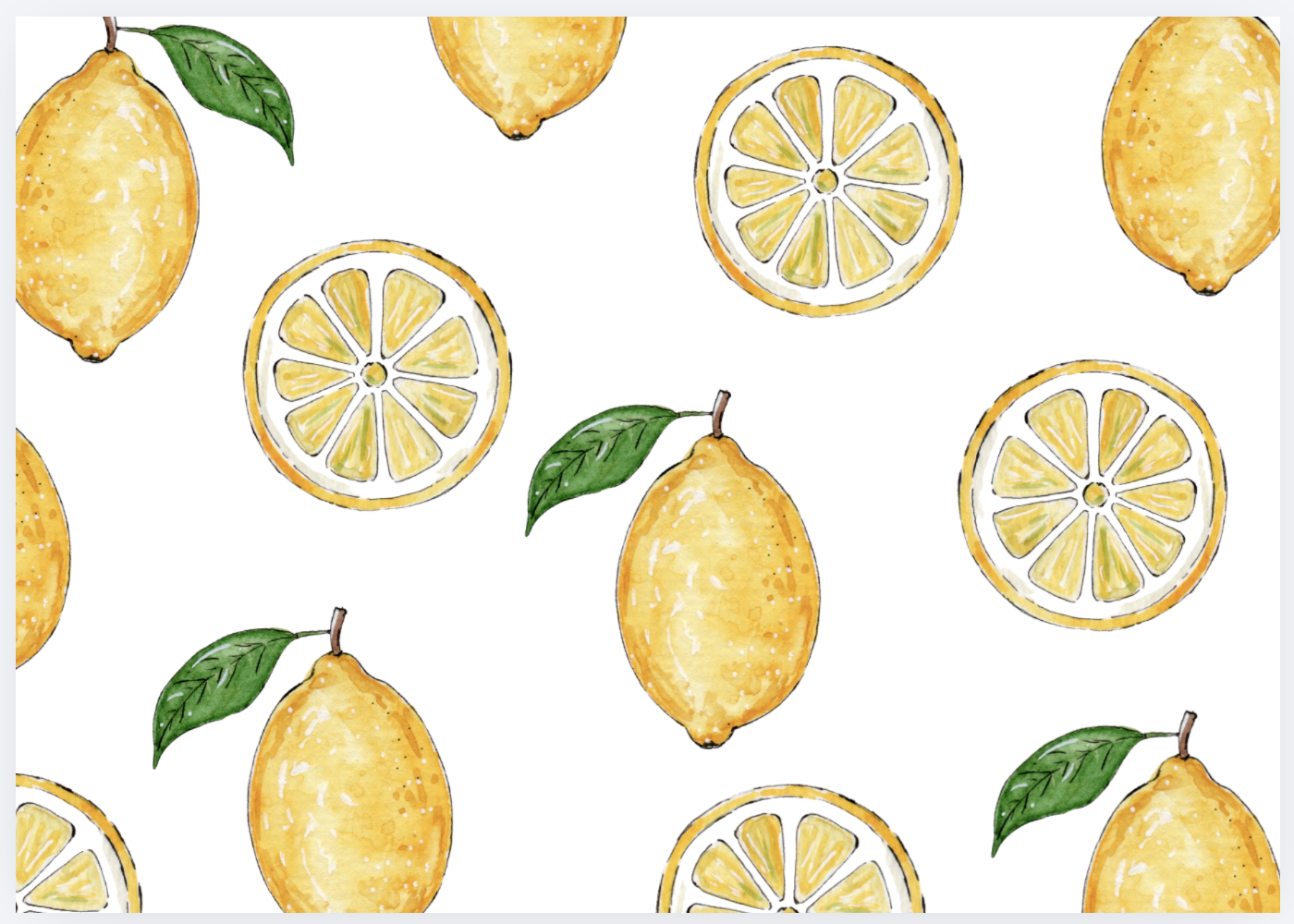 A seamless pattern of watercolor illustrations of whole lemons and lemon slices on a white background.