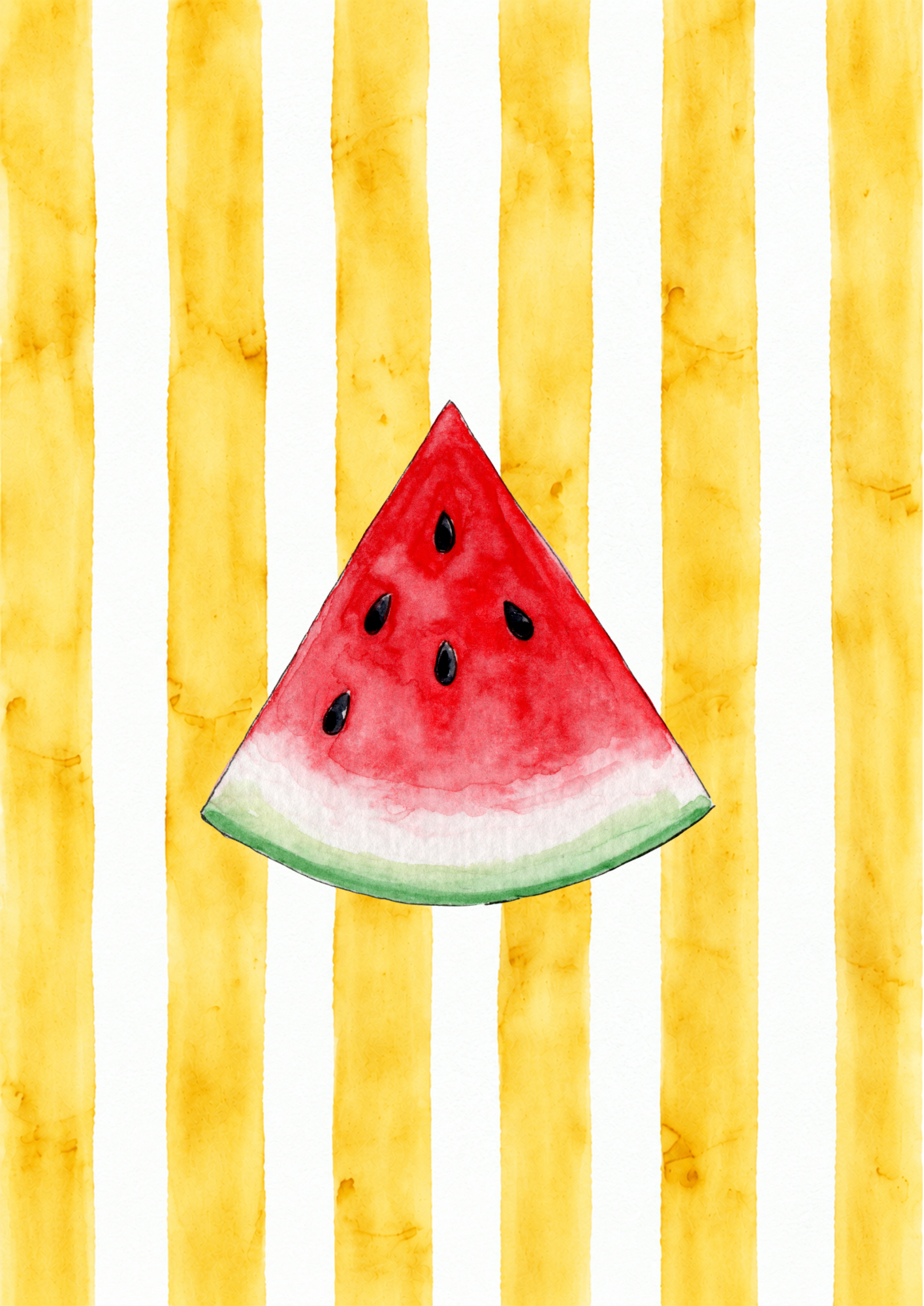 Watercolor painting of a slice of watermelon in front of a yellow striped background.