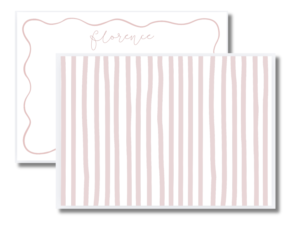 A pink and white striped greeting card with the name 'Florence' written in cursive at the top, and a second card with a pink wavy border and the name 'Florence' in cursive.