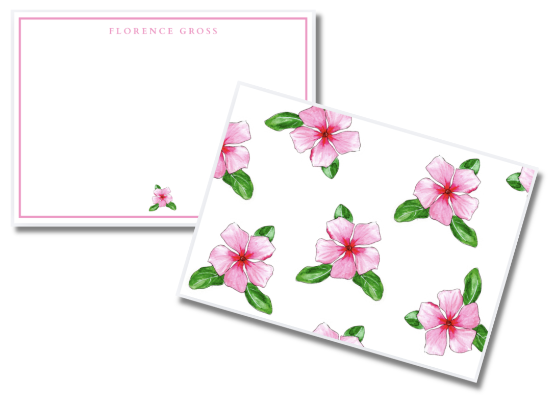 A notecard with pink flowers and green leaves, with the text 'Florence Gross' in pink at the top and a smaller pink flower at the bottom right corner.