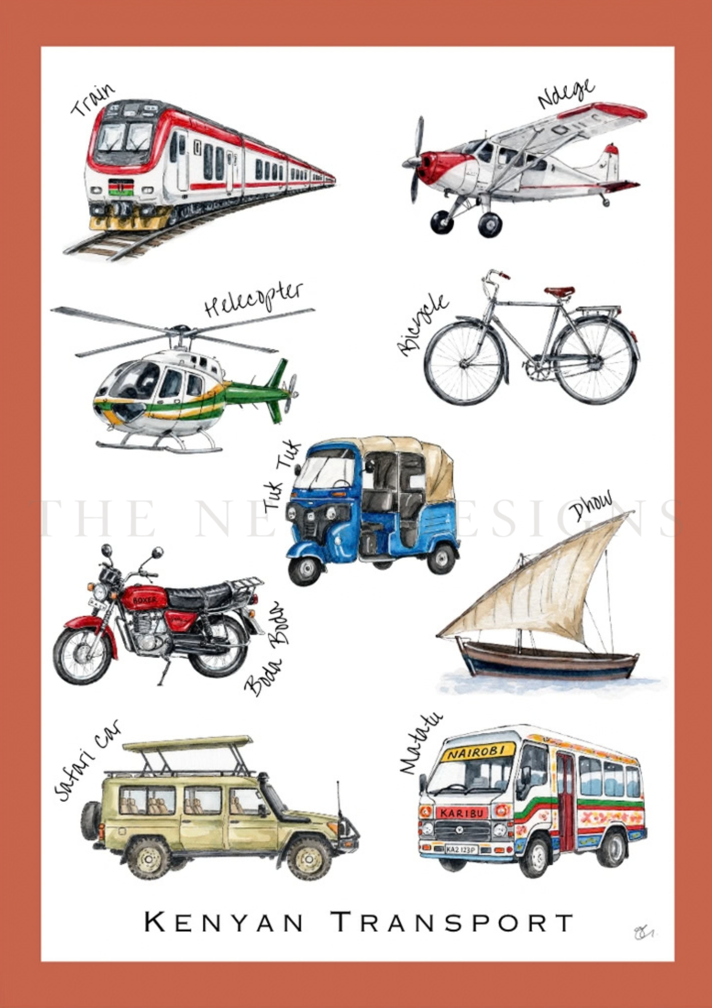 Illustration of common modes of transportation in Kenya, including a train, airplane, helicopter, bicycle, tuk-tuk, safari car, matatu, and bus.