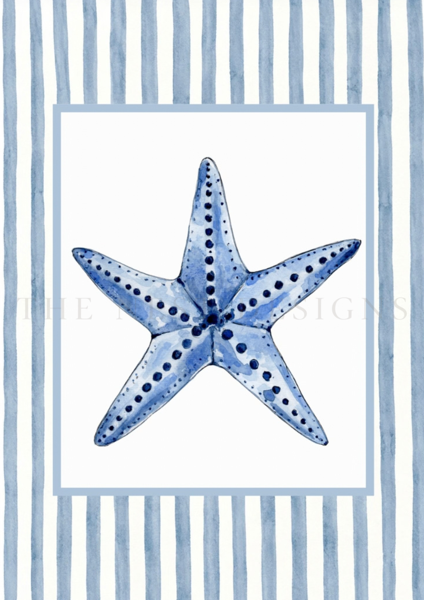 A watercolor painting of a starfish on a white background with blue striped border.