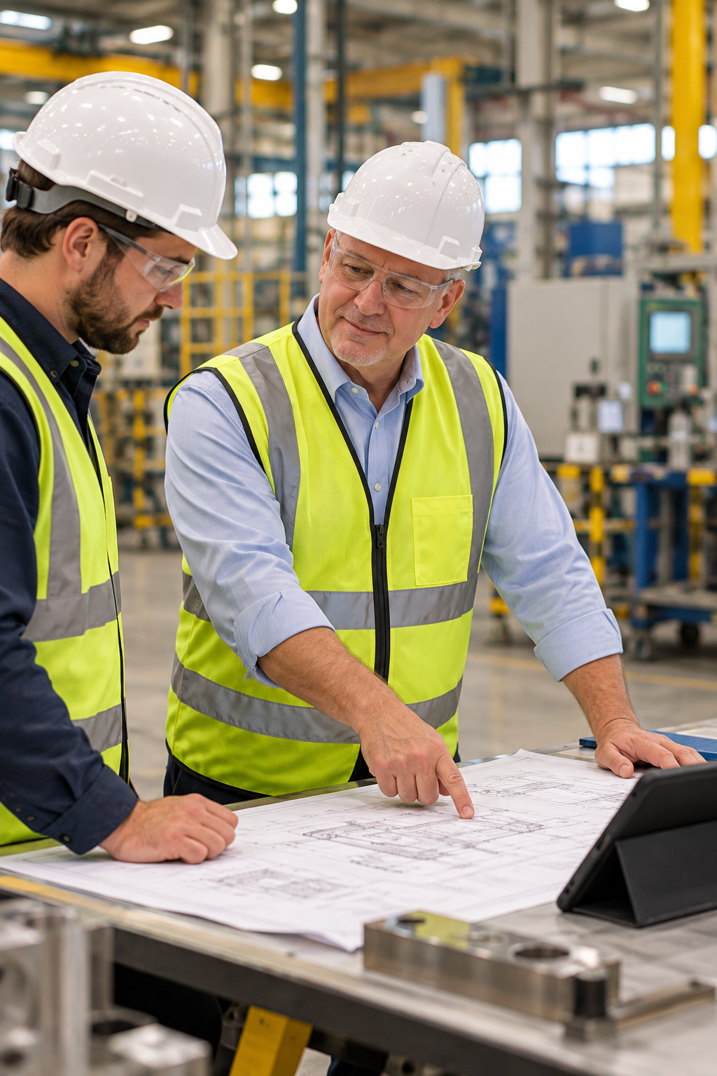 Two male factory workers in safety helmets and vests reviewing technical plans at a worktable in an industrial warehouse.