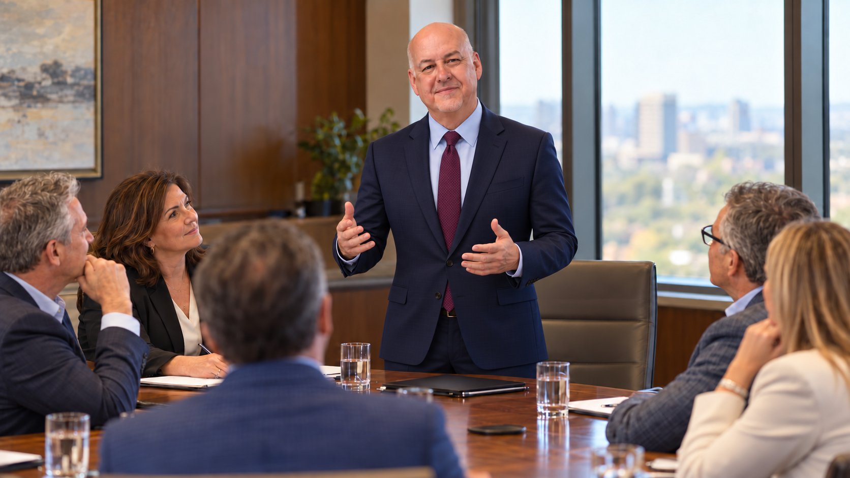 A corporate businessman in a navy suit and red tie is speaking to a group of five professionals seated at a conference table in a high-rise office with large windows and a city view.