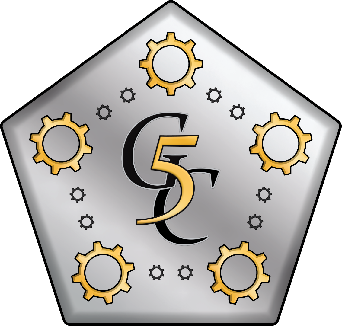 A metallic die with a pentagon shape displays the number 5 and the letters G and C intertwined in the center, surrounded by gold and black gears on a black background.