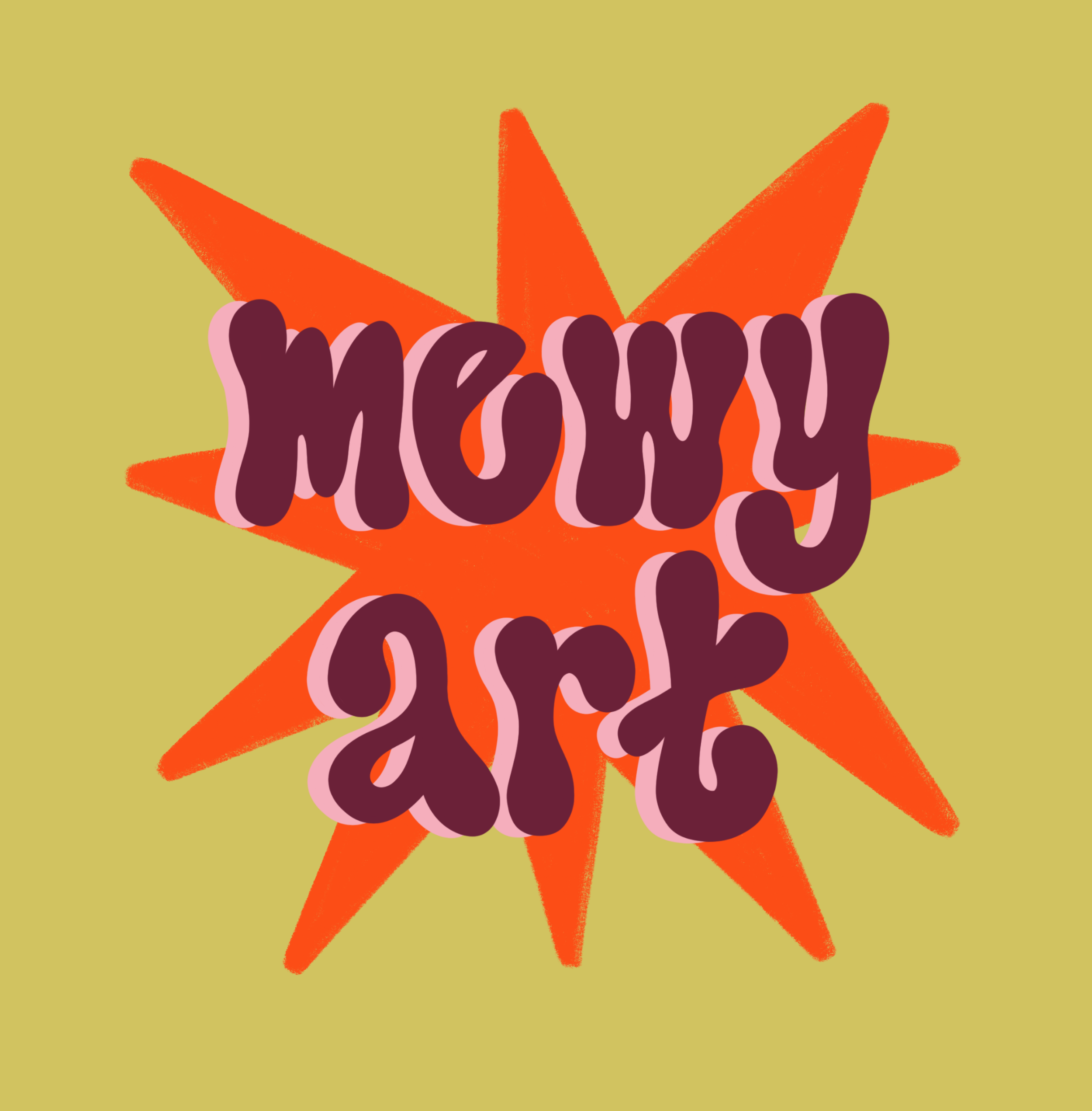 Colorful abstract design featuring orange starburst shapes with layered text that appears to read 'Mewy Art' in purple letters with pink outline on a light olive green background.